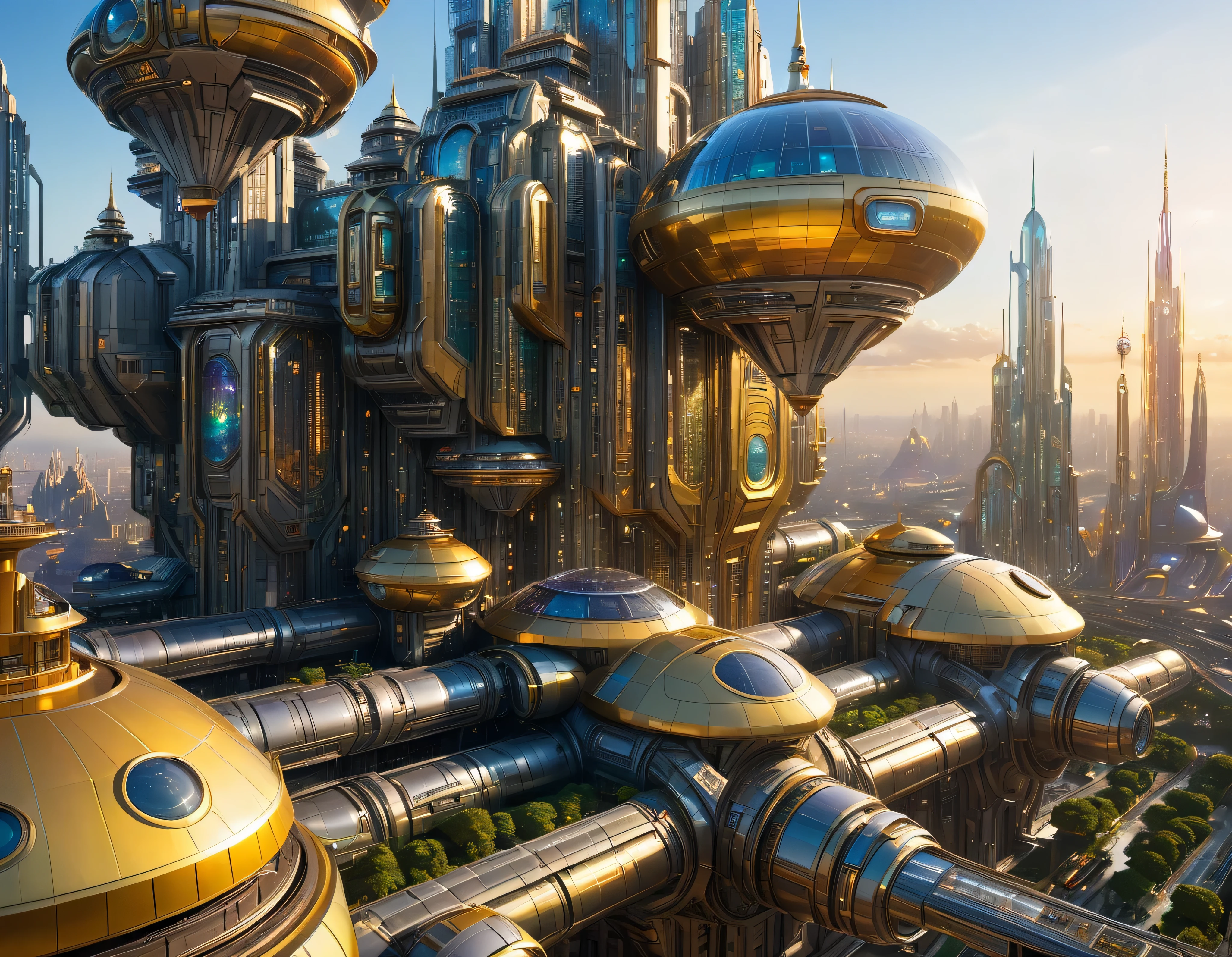 (golden hour lighting), megacity, megalopolis of an imaginary world of science fiction , parecido a una disneylandia futurista, and maximum fantasy, con inmensos edificios y rascacielos ovalados y dodecaedricos agrupados de metal y cristal donde predomina el diamante y los anuncios luminosos de colores. imagen bien definida 8k, (intrincados detalles de la maquina), con muchos edificios juntos.(obra maestra de superior calidad).(imagen fotorrealista), nitidez absoluta hasta el fondo