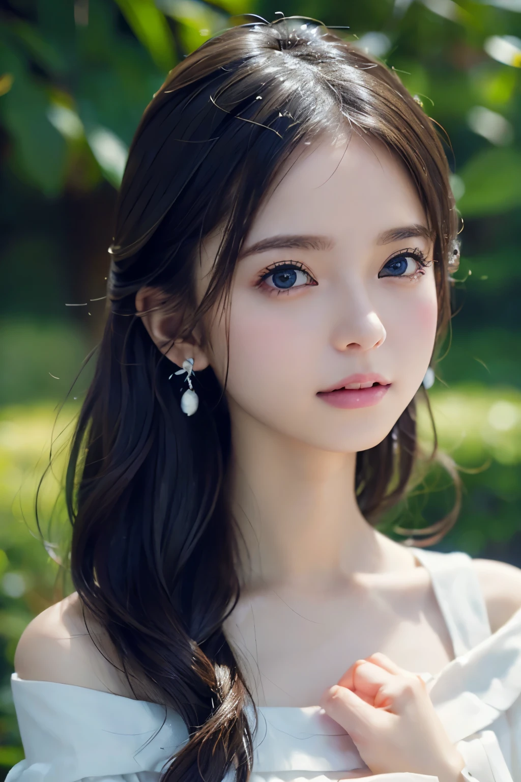 Image from the chest up:1.6)、laughter、Close-up portrait of a woman wearing white off-shoulder top dress and earrings, soft portrait shot 8k, nice delicate face, High quality 4K portraits, high quality portrait, soft and perfect pale skin, 8K highly detailed face, なbeautiful繊細な顔, beautiful光の大きな目, beautiful and realistic face, beautiful14old woman, beautiful and realistic face, cute14old woman