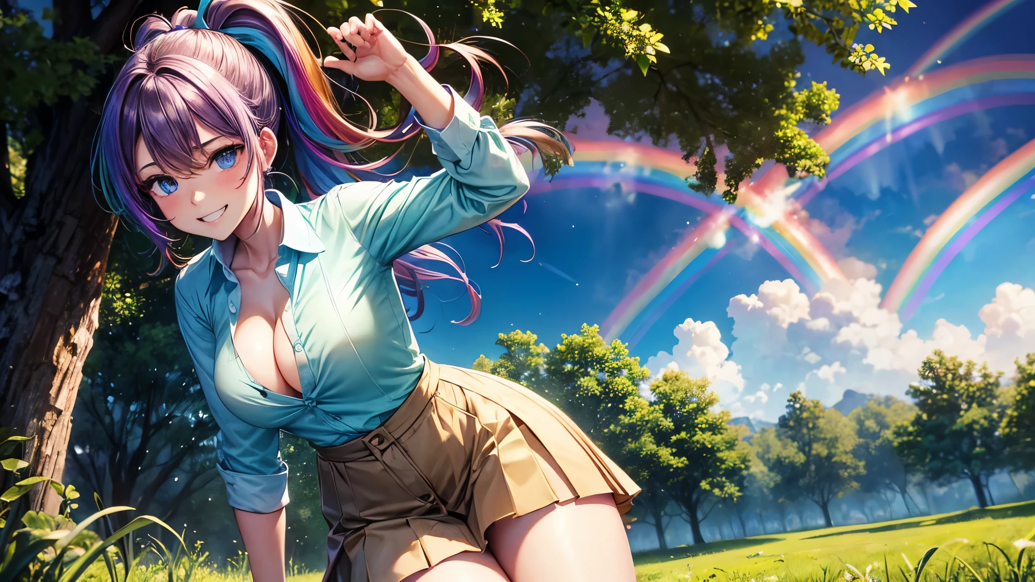 1girl, summer, village, trees, sun, clouds, ((rainbow colored hair)), ponytail, large breasts, button down, blue eyes, ((pale green silk shirt)), ((unbuttoned shirt)), unbuttoning buttons, popping buttons, ((short sleeved shirt)), ((light brown west sweeter)), black mini skirt, brown shoes, grin, looking at the viewer, standing, hair ribbon, cleavage, golden necklate