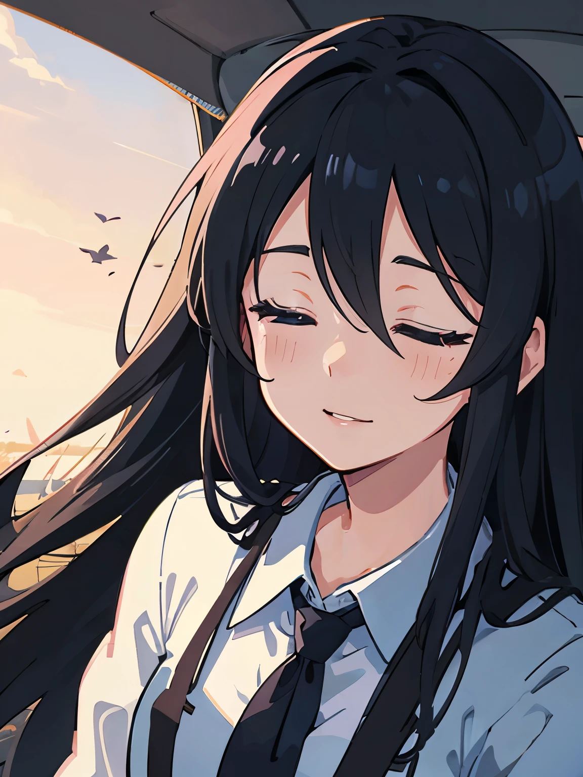 onry one woman, best quality, ultra-detailed, very long hair, wearing business suit, black hair, shiny hair, eyes closed,sleeping, wearing an archaic smile, faint lips, tranquil expression, Seems timid, flat anime-style shading, vector-shaded anime, cute natural anime face, subtle anime style, cute anime face.