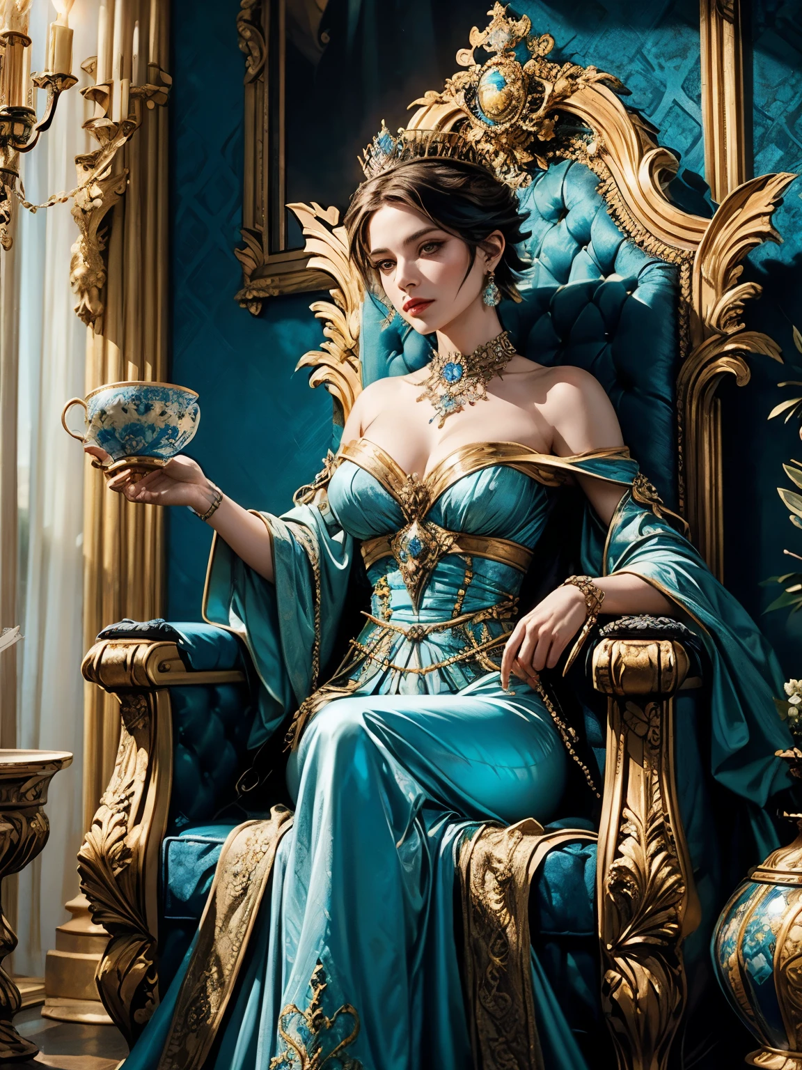 queen of cups tarot card, queen serious woman on the throne holding an antique cup, stylized in blue and gold colors, full hd, hyper realistic, the best quality, short hair