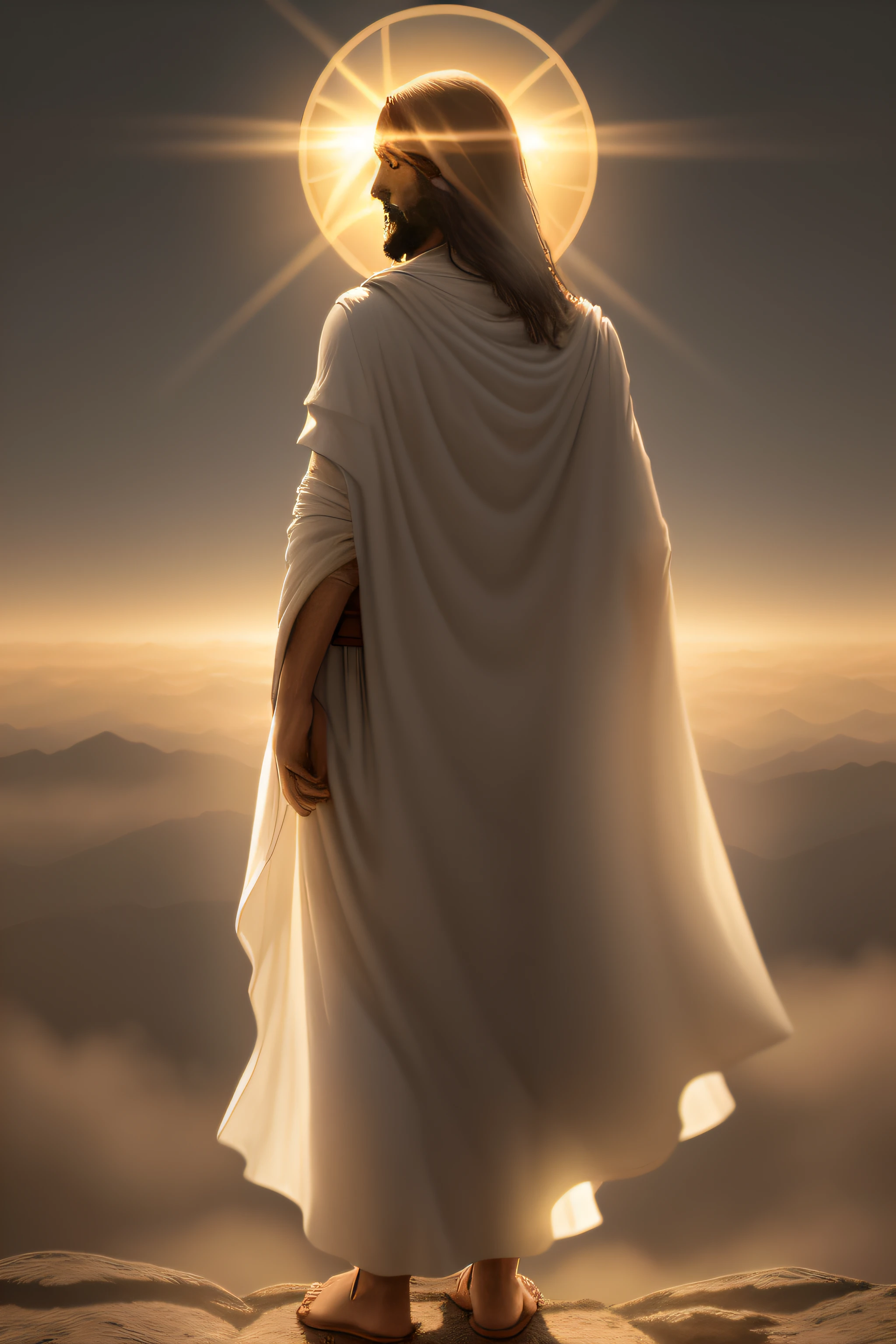 Jesus of Nazareth standing, looking at the horizon with his back to us, The sun sets in the sky, shining a warm light on him, A feeling of peace and transcendence in the air, surrounded by fog at your feet, --ar 16:9 --v 5