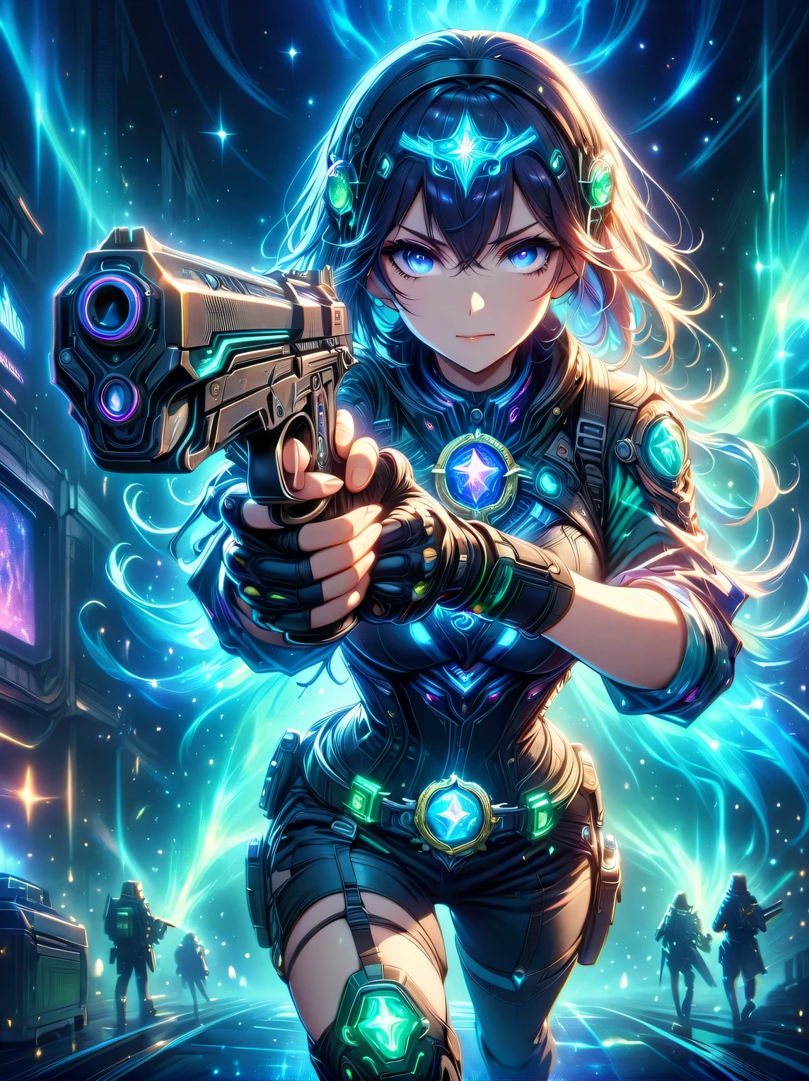 (panoramic, center, masterpiece, best quality: 1.2), 1 beautiful sexy girl，Extremely bright eyes，sexy lips，Star-like glitter dress，holding gun with both hands，((((Vision))))，first-person view, pov, UHD, retina, masterpiece, ccurate, anatomically correct, textured skin, super detail, high details, 8k