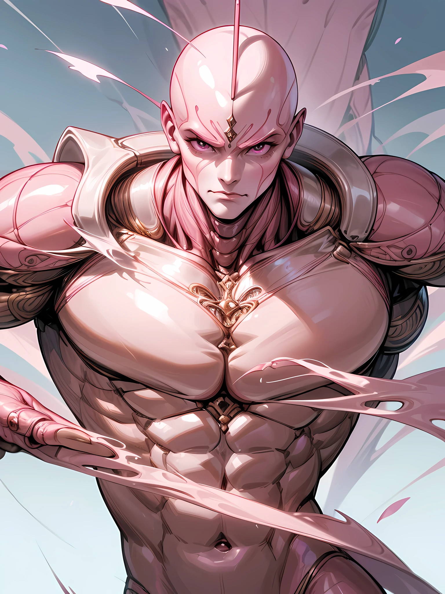 ((absurdres)) perfect whole body, ultra photorealistic, Top quality, Photorealistic, ((16k UHD)), High Definition, high res, ultra sharp, masterpiece, best quality, intricate details, detailed eyes, perfect face detailed face, masterpiece, highly detailed exquisite character art, perfectly detailed ???????, detailed body, detailed pecs, (((natural light))), ultra-realistic, (((1male))) ((tall muscular man male humanoid)), bald, humanoid (((pink skin))), deity, god of insects, waist sash, (((humanoid pink skin tone))), pink hue, powerful humanoid appearance, pure white eyes, shiny metallic scales, scales. ((glossy metallic Armor)), intimidating face, strong jaw, high cheekbones, antenna, villain pose, above the city, ((petal pink humanoid insect))