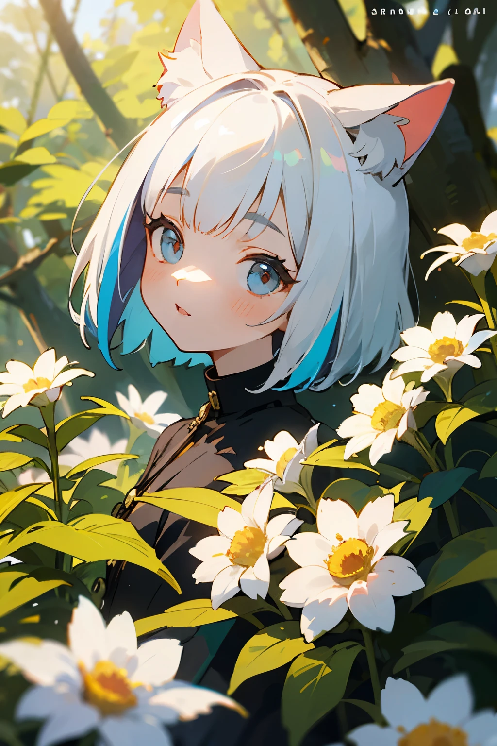 ((highest quality)), ((masterpiece)), (be familiar with), perfect face、Girls of short stature、Have cat ears、Silver Bob Hair、In the open forest where the sunlight gently shines through、Colorful flowers and small animals are around the girl.