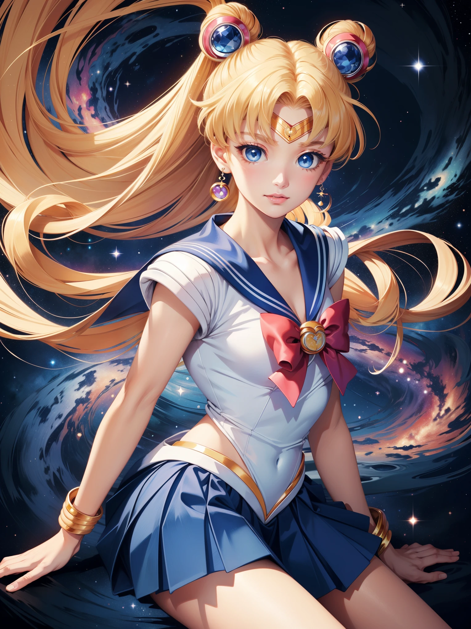 (extremely detailed sailor moon) (((blue eyes))) (blue skirt) colorful, blonde buns with long hair, cosmic background, ultra detailed sailor moon, colorful, magical, art by naoko takeuchi
