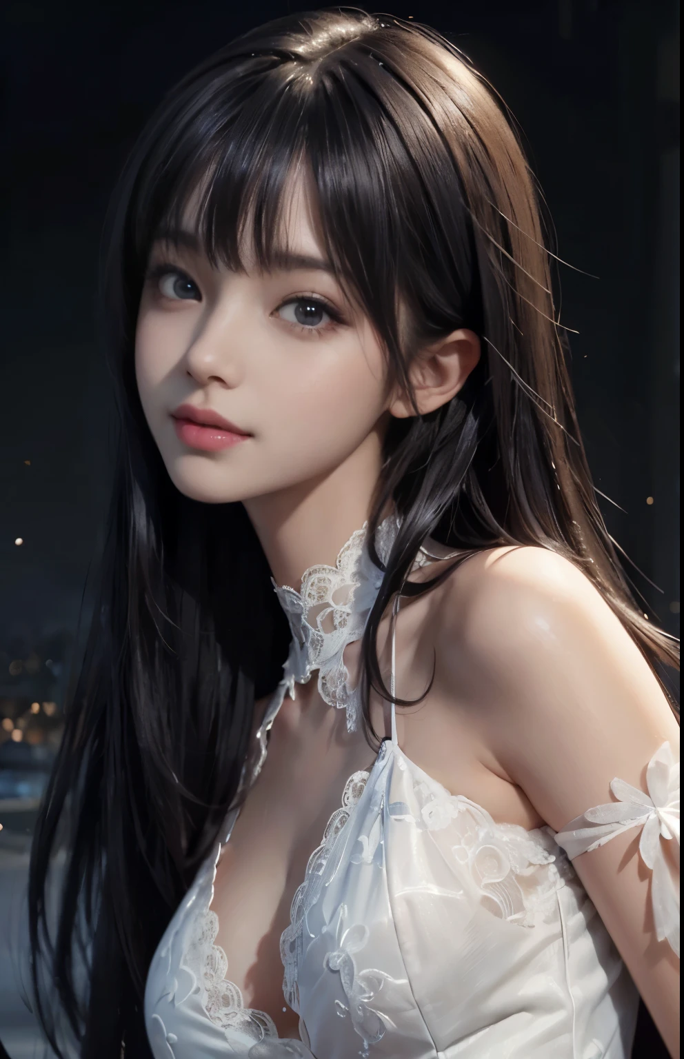 (surreal), (shape), (Improved resolution), (8k), (very detailed), (Best shape), (beautiful and detailed eyes), (highest quality), (Super detailed), (masterpiece ), ( wallpaper), (detailed face), 1 girl, 17 years old, white dress, lace chest, big breasts, looking at the viewer, small details, detailed face, in the dark, deep shadow, private key, Pure erotic face ace_v1, smile, long hair, black straight hair , 46 point diagonal bangs, showing big , wet girl