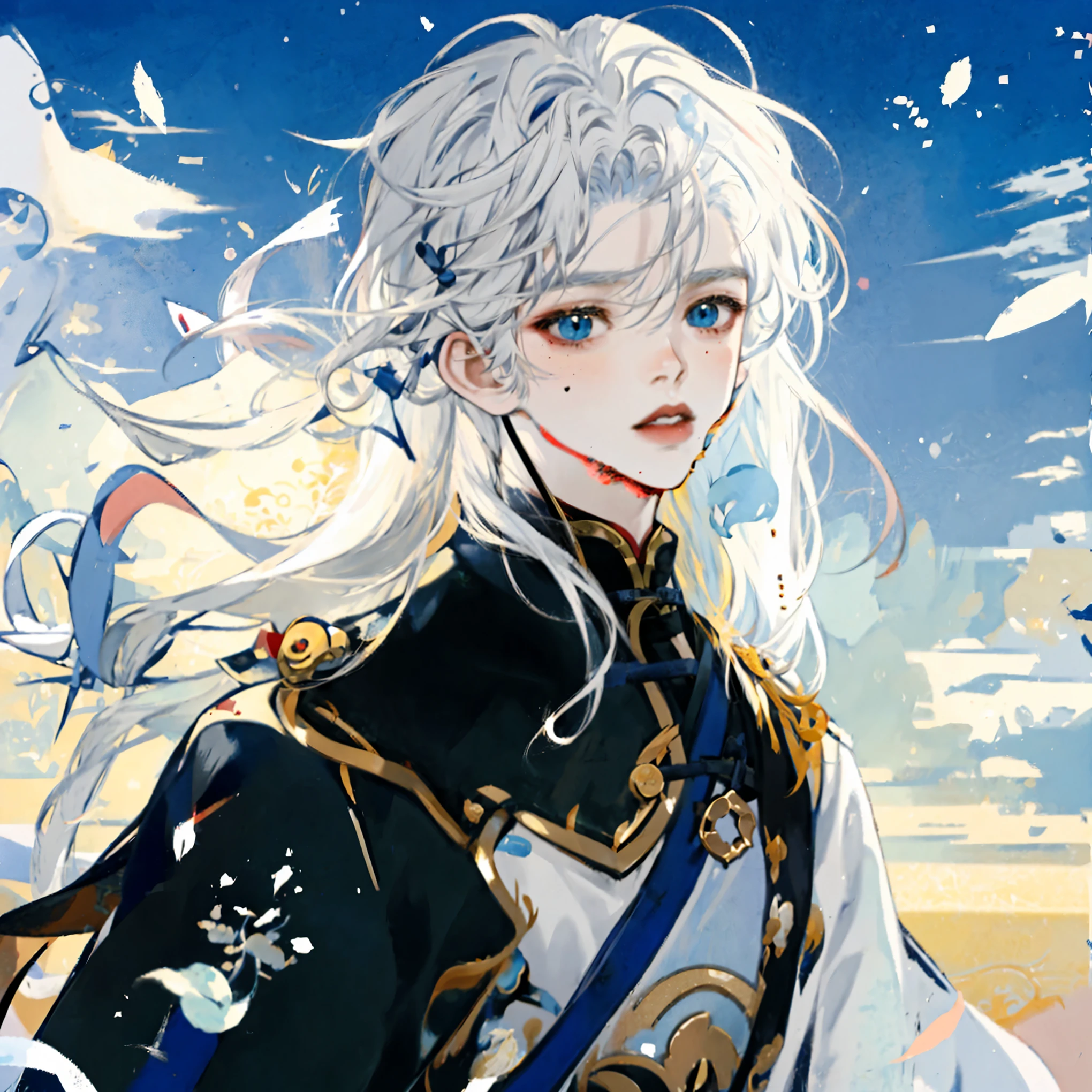 White-haired male Taoist anime image, He wore a Taoist robe,with white hair, Wearing blue and black robe,There is a red mole on the forehead,Close your lips,Blue-black background
