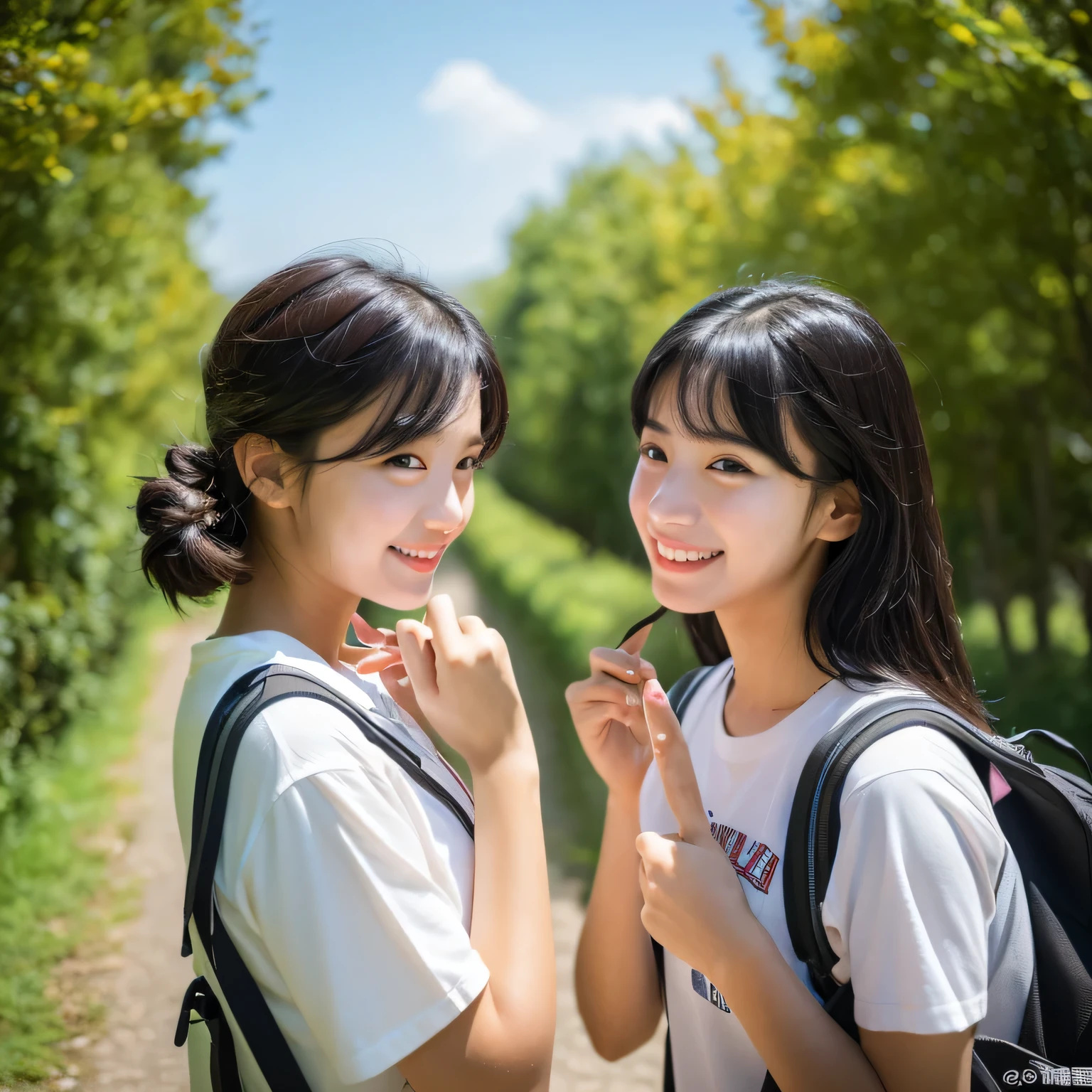 16 year old identical twin sisters, clear facial features, close, happy and golden retriever, black hair, walk on a mountain path.(8K、Live shooting、highest quality、masterpiece:1.2)、Super detailed、super resolution、(hyper genuineity、)Super detailed、super resolution、(genuine、genuine photo:1.47)、highly detailed face、highly detailed eyes、very genuine skin、 highly detailed fingers, highly detailed nose, highly detailed mouth, highly detailed background,