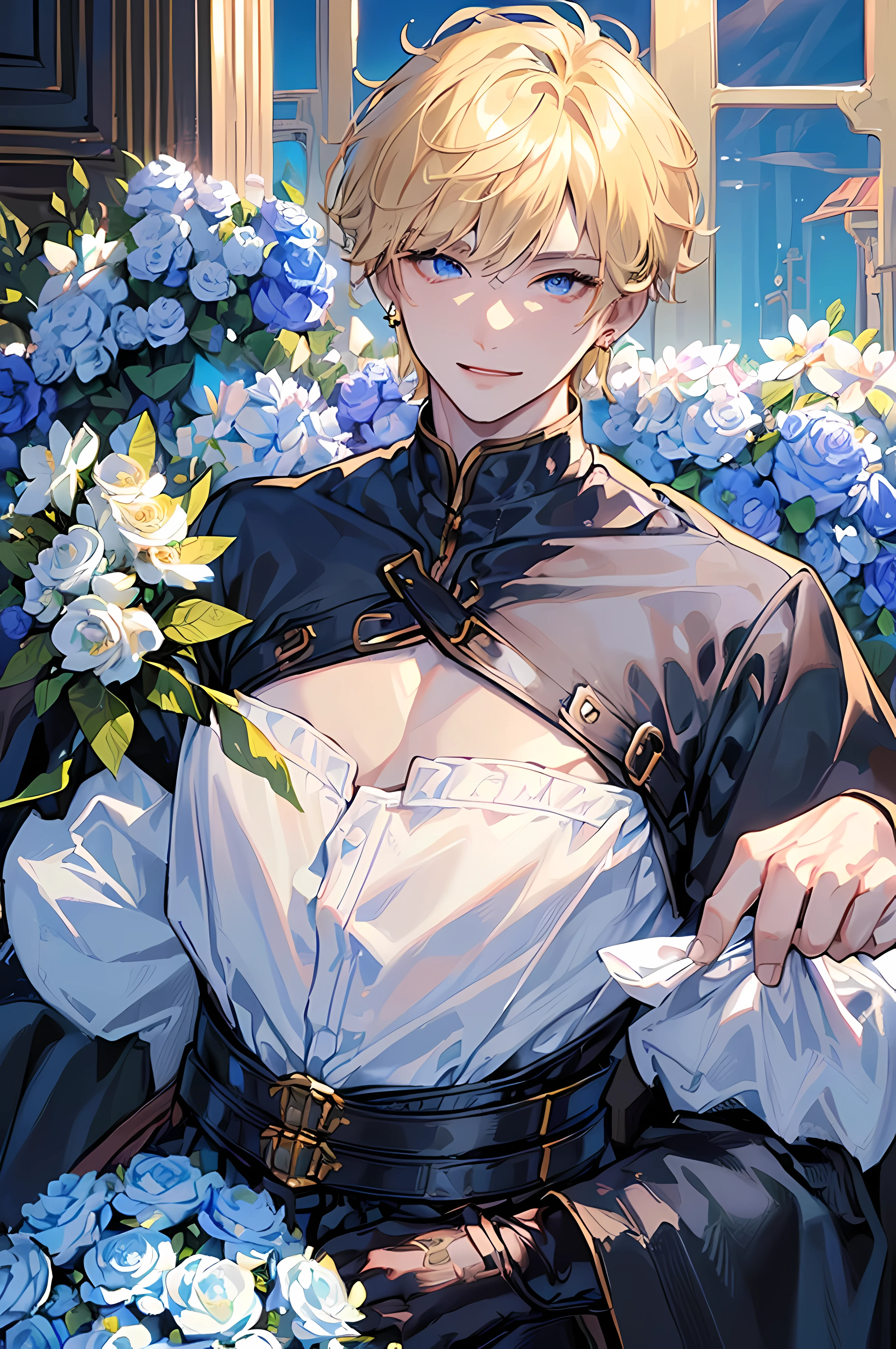 ((best quality), (detailed), (perfect face), (fantasy world), (((1 boy))), (adult body), (adult face), (big things), (big chests), (cold eyes), blonde hair, blue eyes, smiling, black flower shop outfit, thigh corset, some golden details, wear earrings, holding a bouquet, flower shop background 