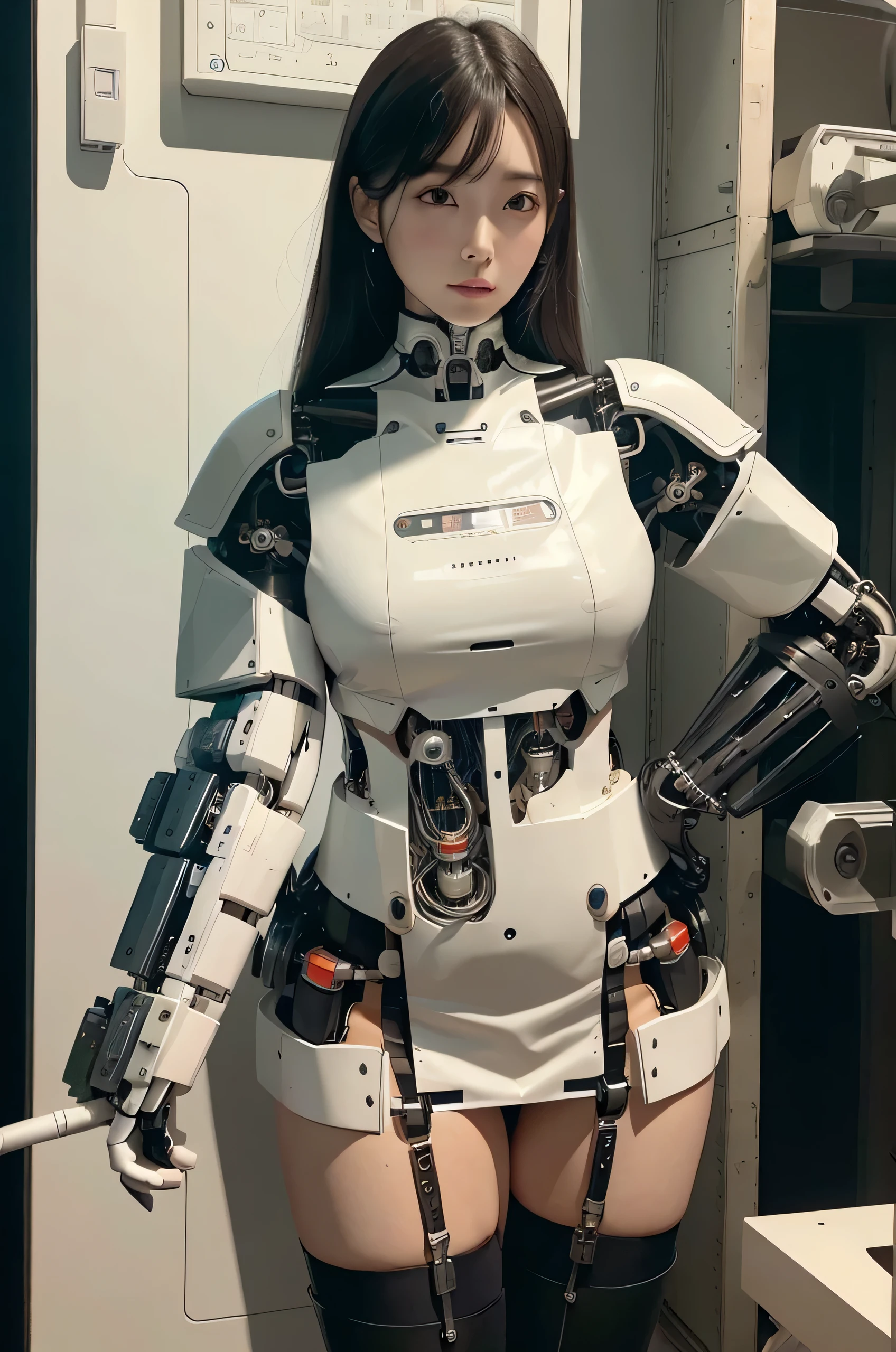 masterpiece, best quality, extremely detailed,8k portrait, Japaese android Girl,Plump , announcer,control panels,android,Droid,Mechanical Hand, Robot arms and legs, Black Robot Parts,Black hair,Mechanical body,Blunt bangs,perfect mechanical abdomen,White robotics parts,perfect robot woman,future laboratory,cyber pank,charging spot,laboratory,long tube,thick cable connected her neck,ceramic body ,perfect mechanical body, white robot body,lod antenna,mechanical ear cover,android,robot humanoid,She has repaired,assembly plant,miniskirt,black boots