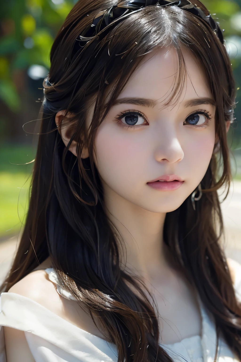 Image from the chest up:1.6)、Close-up portrait of a woman wearing white off-shoulder top dress and earrings, soft portrait shot 8k, nice delicate face, High quality 4K portraits, high quality portrait, soft and perfect white skin, 8K highly detailed face, なbeautiful feces繊細な顔, beautiful feces光の大きな目, beautiful and realistic face, beautiful feces141 old female, beautiful and realistic face, cute141 year female
