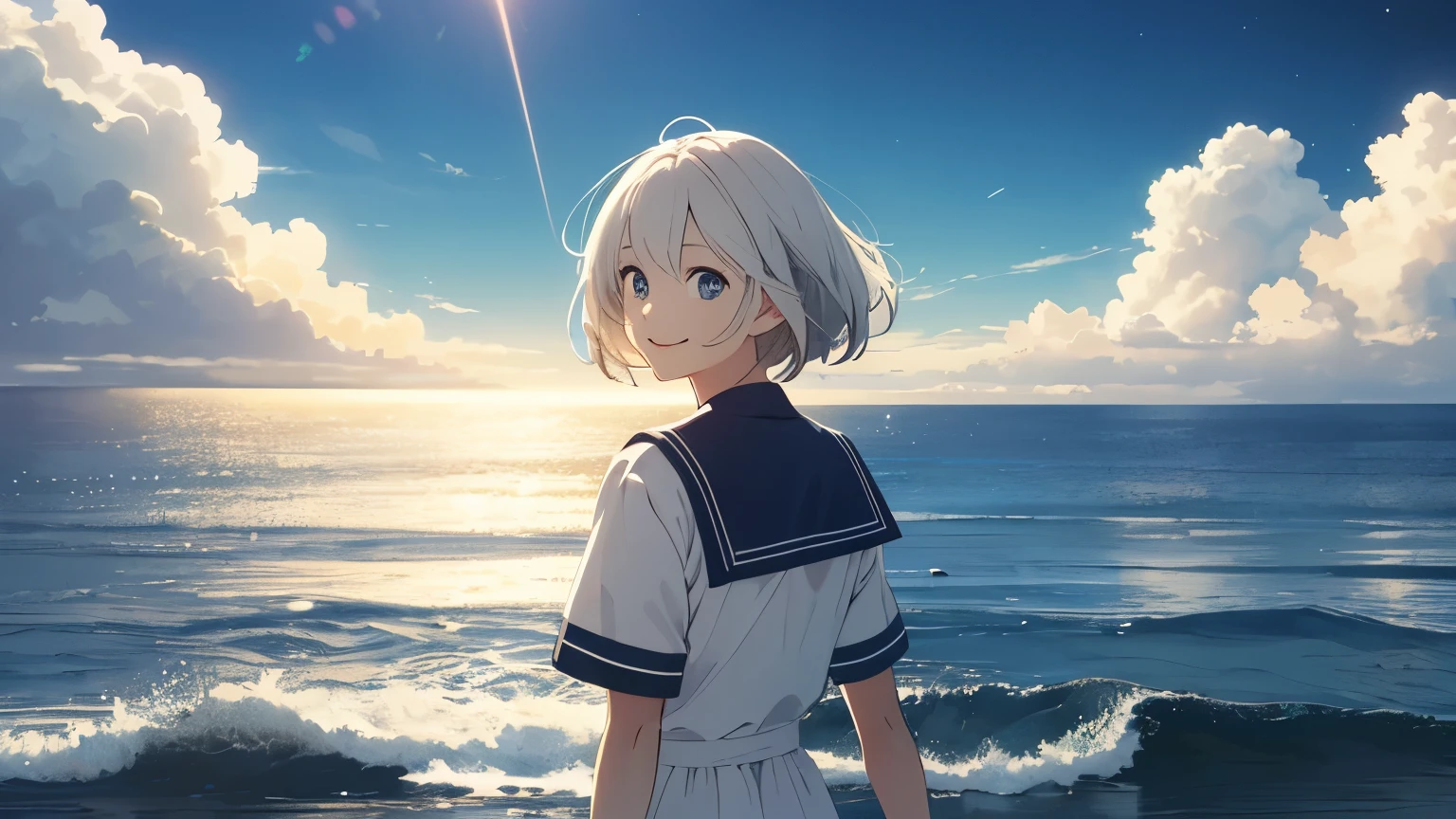 (highest quality:1.5)、(super detailed:1.5)、(highest qualityの写真:1.5)、Don't、character、anime、animeイラスト、girl、high school girl、delicate、pure white hair、medium bob、delicateな髪の毛、Hair gently waving in the wind、white skin、Beautiful blue eyes、sailor suit、short sleeve、navy blue collar、very cute、beautiful sea、horizon、summer sky、evening、twilight、evening sky、calm sea、calm sea、blue sea、faint starry sky、alone、Staring at the horizon、radiant smile、It's just sunny for you、Dry clouds、Rear view、looking back and smiling