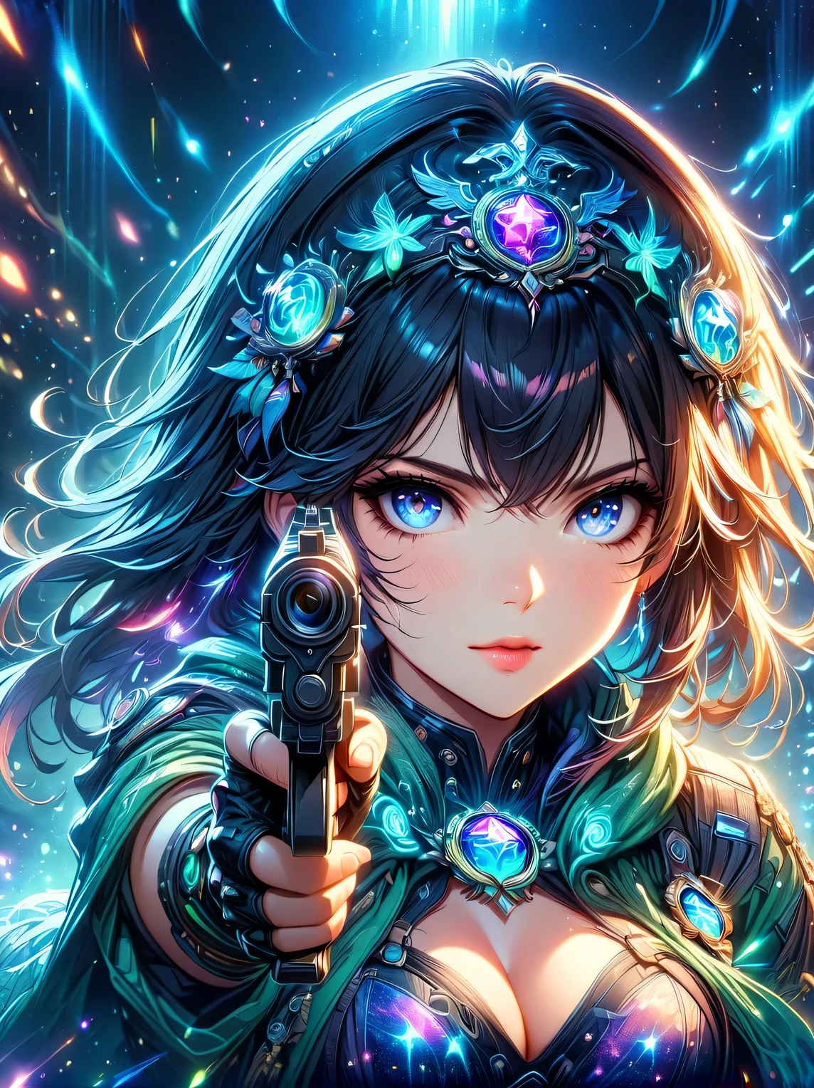 (panoramic, center, masterpiece, best quality: 1.2), 1 beautiful sexy girl,Extremely bright eyes,sexy lips,Star-like glitter dress,Holding a gun with one hand,((((Vision)))),first-person view, pov, UHD, retina, masterpiece, ccurate, anatomically correct, textured skin, super detail, high details, 8k