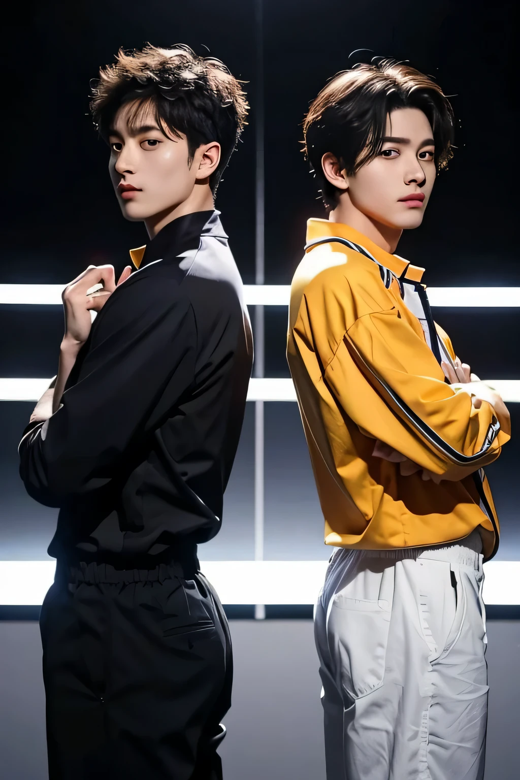 realistic、2 male idols、Back to back, looking at camera、Upper body、cool costumes、