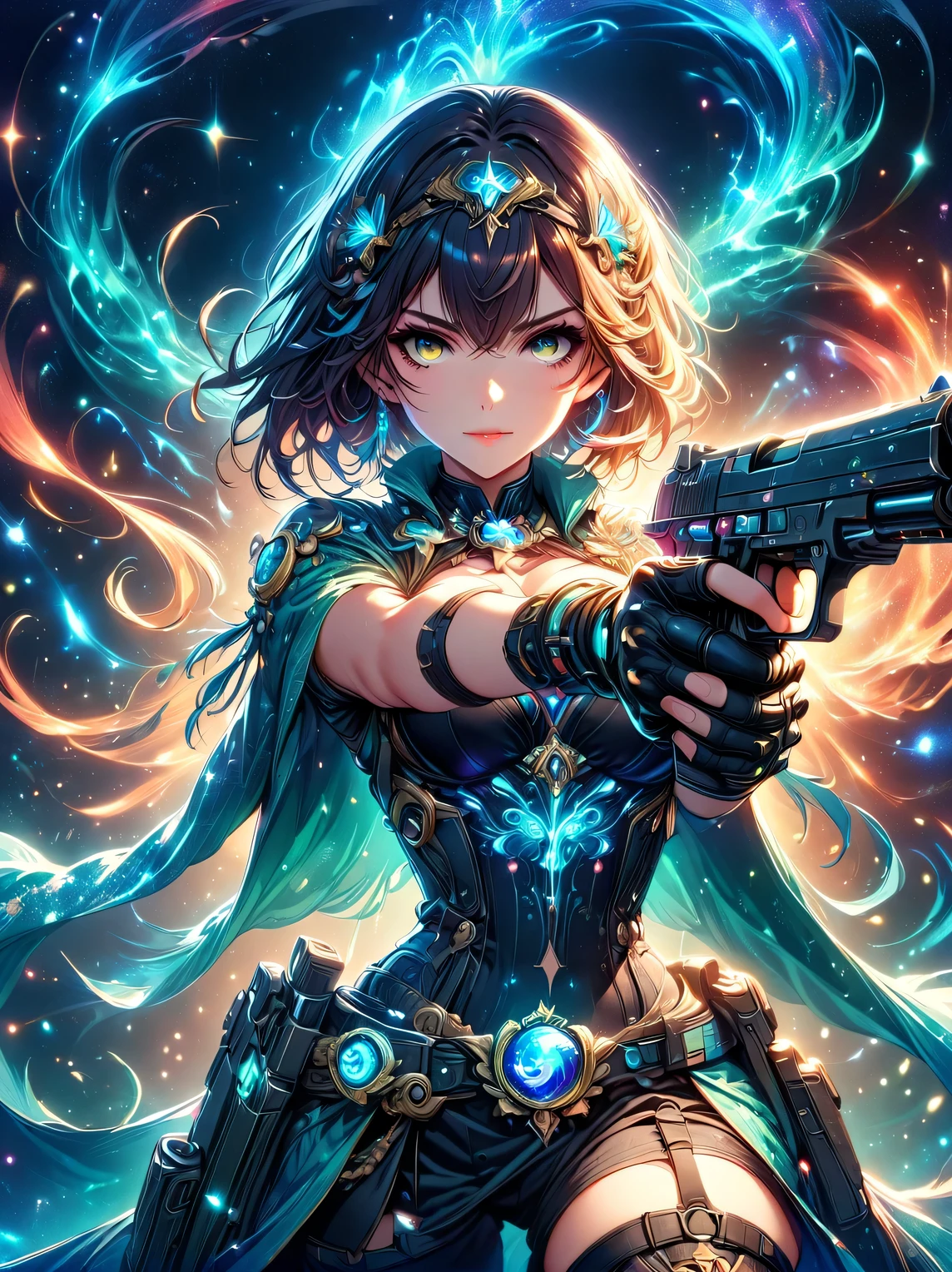 (panoramic, center, masterpiece, best quality: 1.2), 1 beautiful sexy girl，Extremely bright eyes，sexy lips，Star-like glitter dress，Holding a gun with one hand，((((Vision))))，first-person view, pov, UHD, retina, masterpiece, ccurate, anatomically correct, textured skin, super detail, high details, 8k