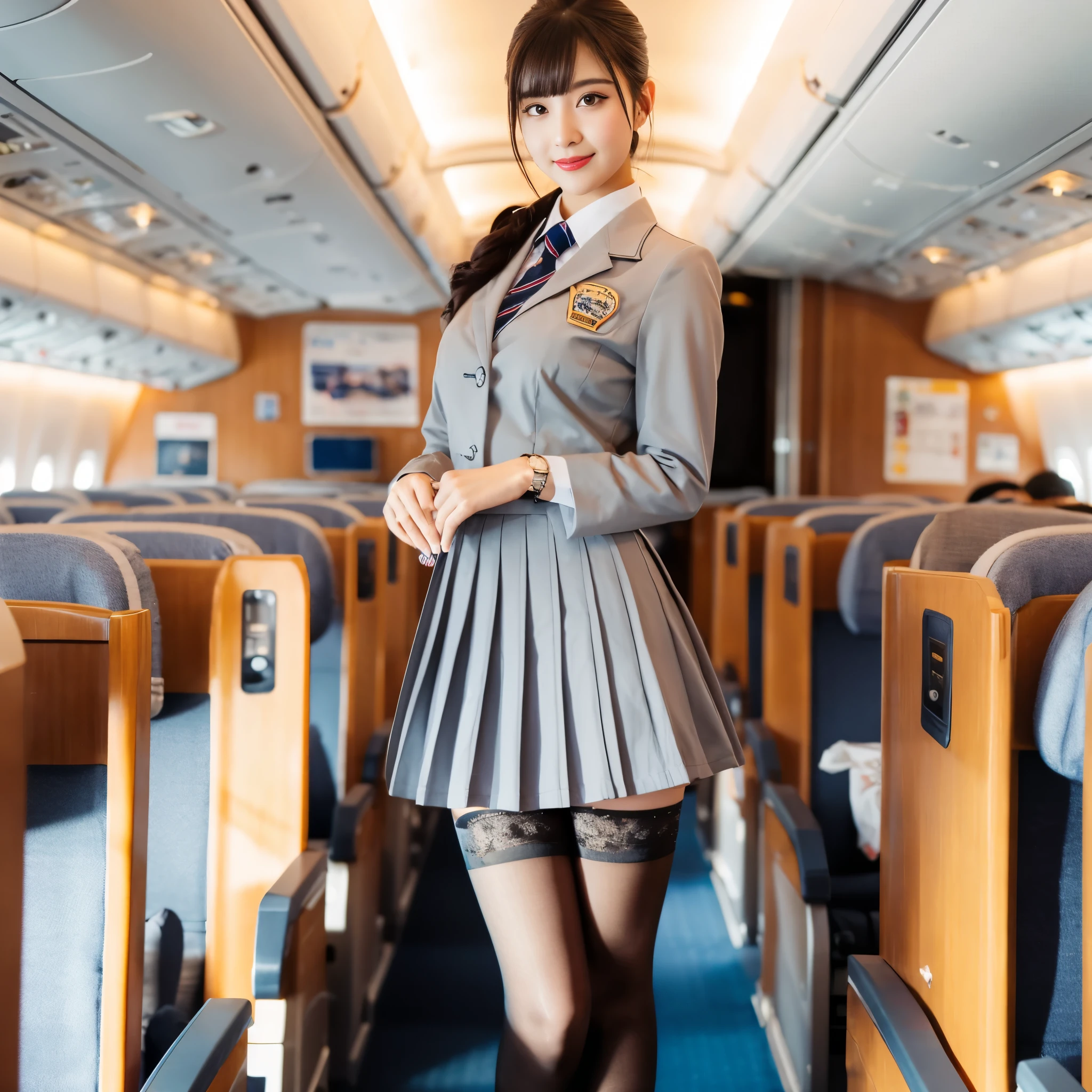Arab asian woman wearing short skirt and jacket on airplane, stockings and skirt, a surreal high school girl, wearing a skirt and high socks, bottom corner, girl in uniform, sakimichan HDRI, sakimichan, surreal high school girl, dressed as , Japanese model, Japanese , by Tadashi Nakayama