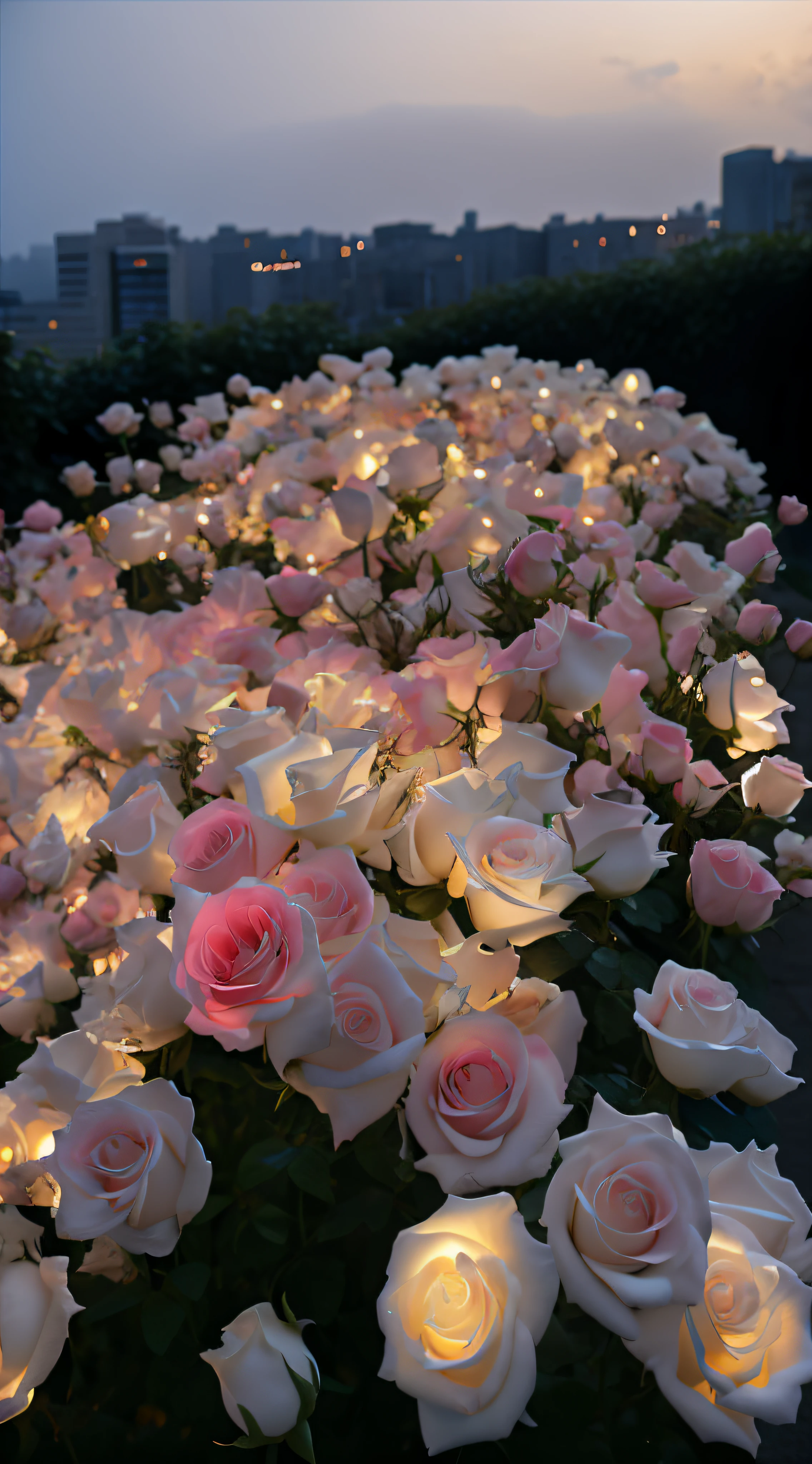 There are many white and pink roses in the field with the buildings as a background, Glowing flowers, Luminous flowers, lights with bloom, In the evening, beautiful light up, roses in cinematic light, rose pink lighting, early evening, Soft glow, melanchonic rose soft light, soft bloom lighting, At night, beautifully lit, rosette, shot with sony alpha 1 camera, during dawn