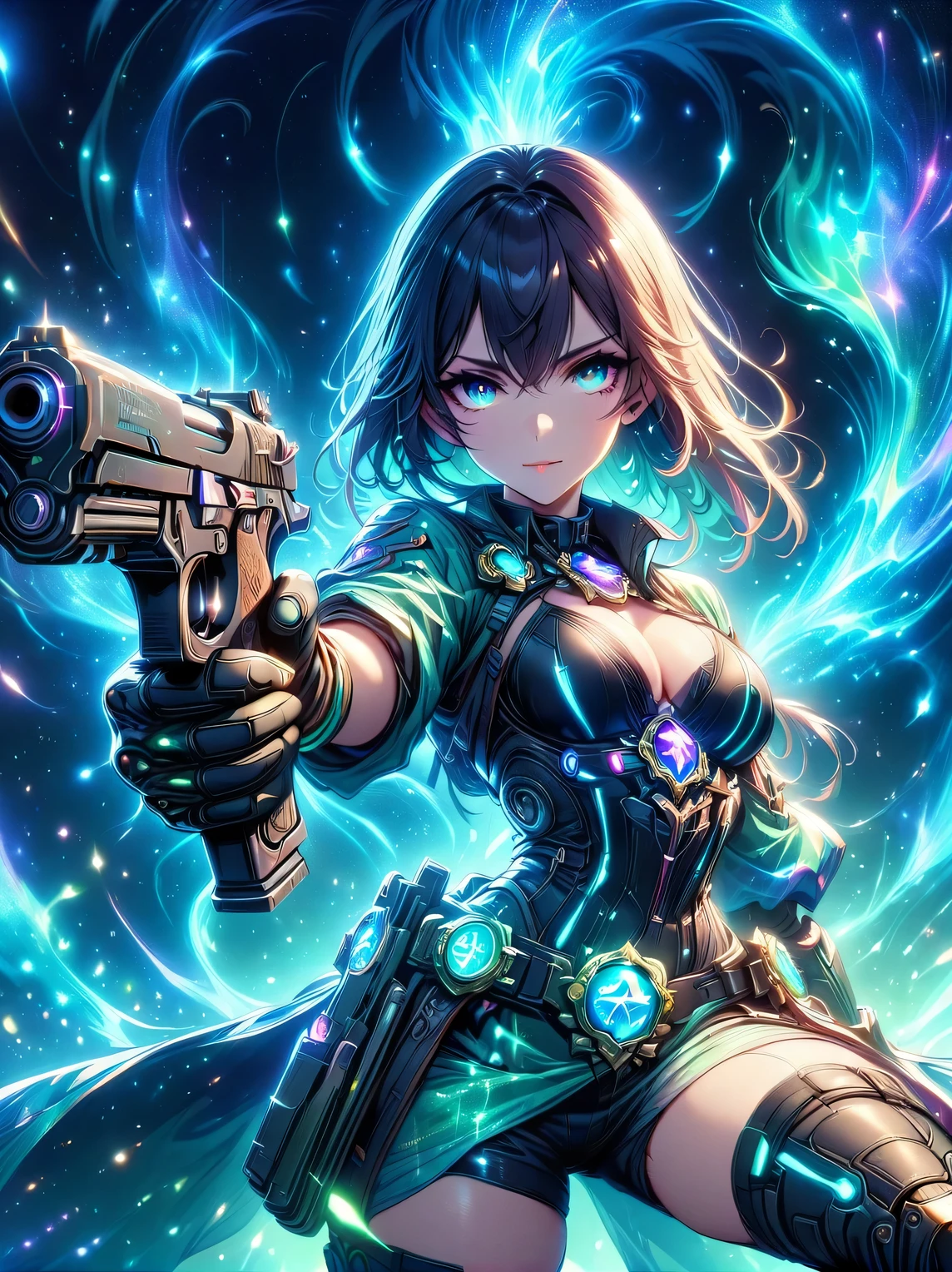 (panoramic, center, masterpiece, best quality: 1.2), 1 beautiful sexy girl,Extremely bright eyes,sexy lips,Star-like glitter dress,holding gun with both hands,((((Vision)))),first-person view, pov, UHD, retina, masterpiece, ccurate, anatomically correct, textured skin, super detail, high details, 8k