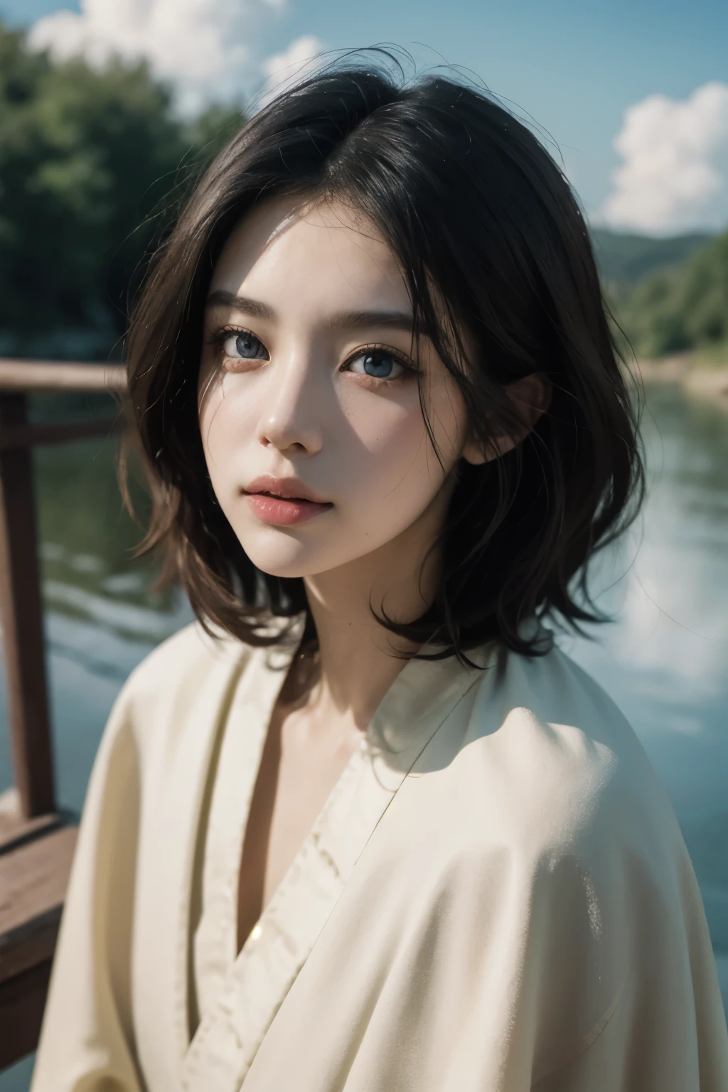 styled: Pure+ultra-realistic realism, Fair skin texture, Bright eyes, lightand shade contrast, high textured, ultra HD picture quality, High nose, dynamic angle, Light tracing, Realism, offcial art, Unity 8k壁纸, Ultra detailed paintings, A masterpiece of beauty, best qualityer, Glows skin, movie level lighting, Side Body，full bodyesbian, setting in nature, red color Hanfu，On the bridge，with blue sky and white clouds