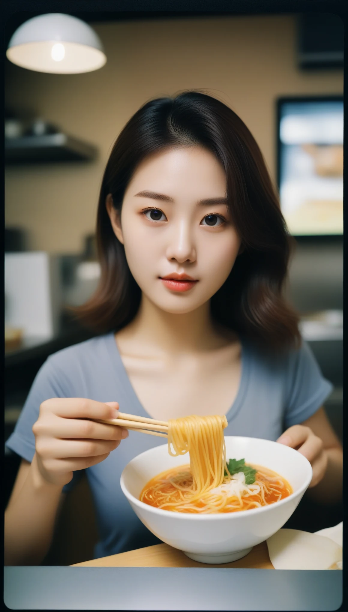 close-up of beautiful korean female, 34 inch breasts size,wearing rolled sleeved t-shirt, making noodle, at noodle restaurant, Polaroid photo, UHD