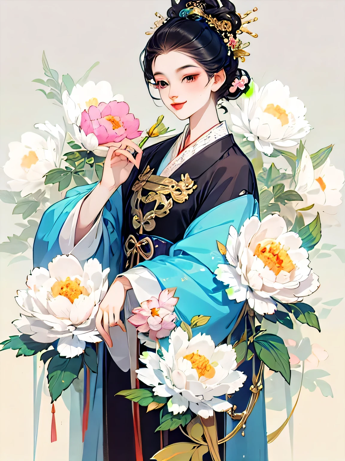 A cheerful elegant 16 years old beauty, dignified and courteous, smart and confident, wearing ancient Chinese clothing, pastel-colored clothes, hand hiding in sleeves, lazy pose, light bright color silk, peony flower, butterflies, ink painting style, clean color, decisive cut, blank space, masterpiece, super detailed , epic composition, bright background