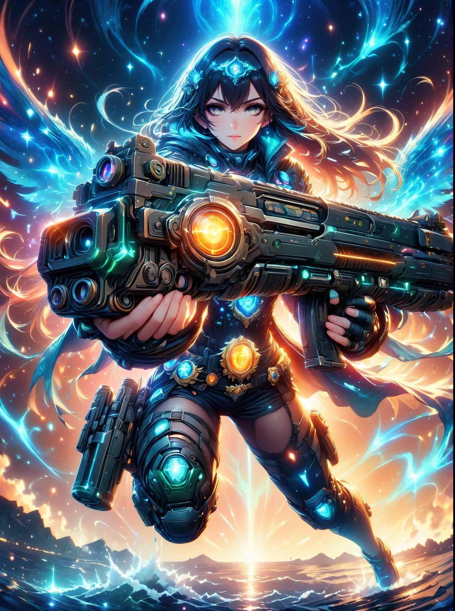 (panoramic, center, masterpiece, best quality: 1.2), 1 beautiful sexy girl,Extremely bright eyes,sexy lips,Star-like glitter dress,Holding a gun with one hand,((((Vision)))),first-person view, pov, UHD, retina, masterpiece, ccurate, anatomically correct, textured skin, super detail, high details, 8k
