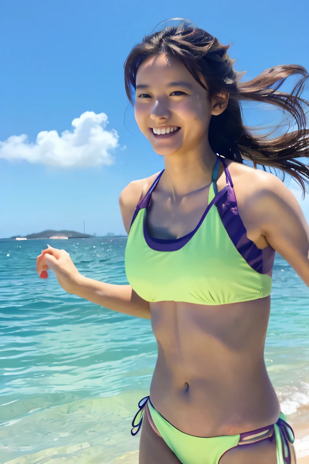 high school girl、whole body、bikini、Ocean、slender、smile、Run