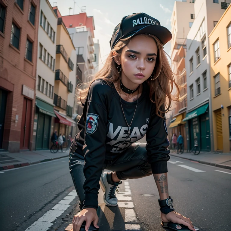 Cambiar fondo urban style, skate, Graffiti, mujer hermosa, cara realista (Krisslove), cuerpo completo, falda corta, blusa desabotonada, 8K, de fondo un (Graffiti 3D) dibujado en la pared con la palabra, text: "JAHZ" , (Graffiti 3D2) cara realista (Krisslove), 8K, ultra realista callejon de newyork, pared de fondo,ultra hd,