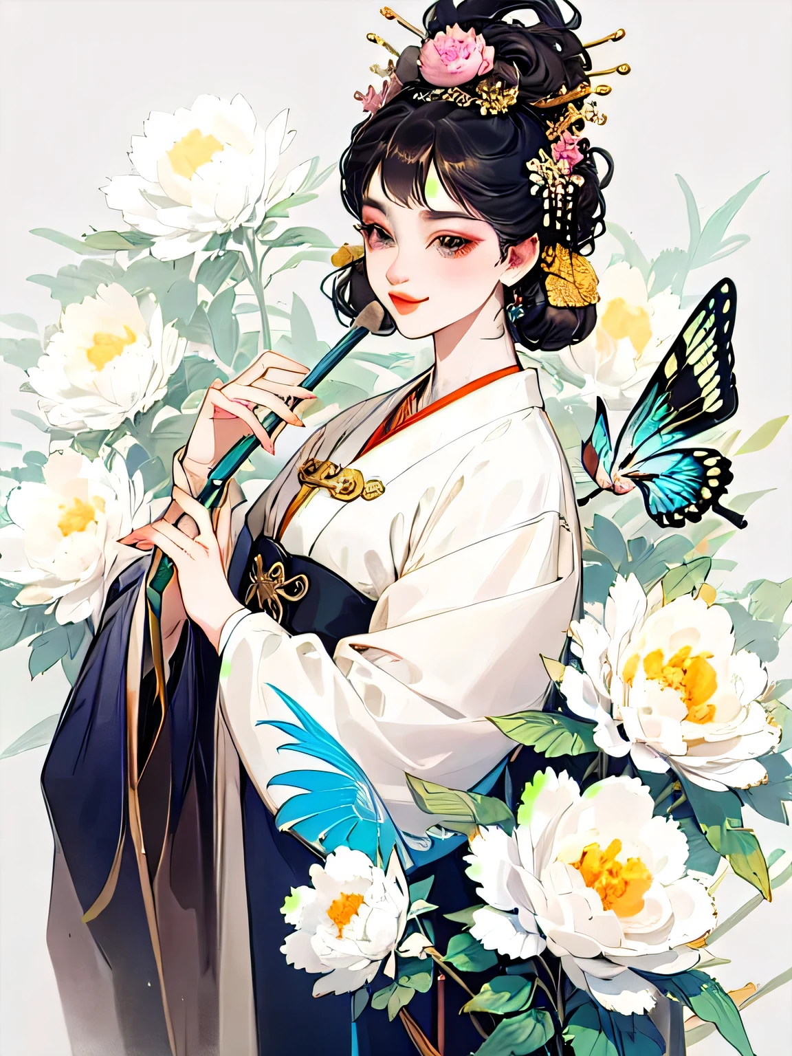 A cheerful elegant 16 years old beauty, dignified and courteous, smart and confident, wearing ancient Chinese clothing, pastel-colored clothes, hand hiding in sleeves, lazy pose, light bright color silk, peony flower, butterflies, ink painting style, clean color, decisive cut, blank space, masterpiece, super detailed , epic composition, bright background