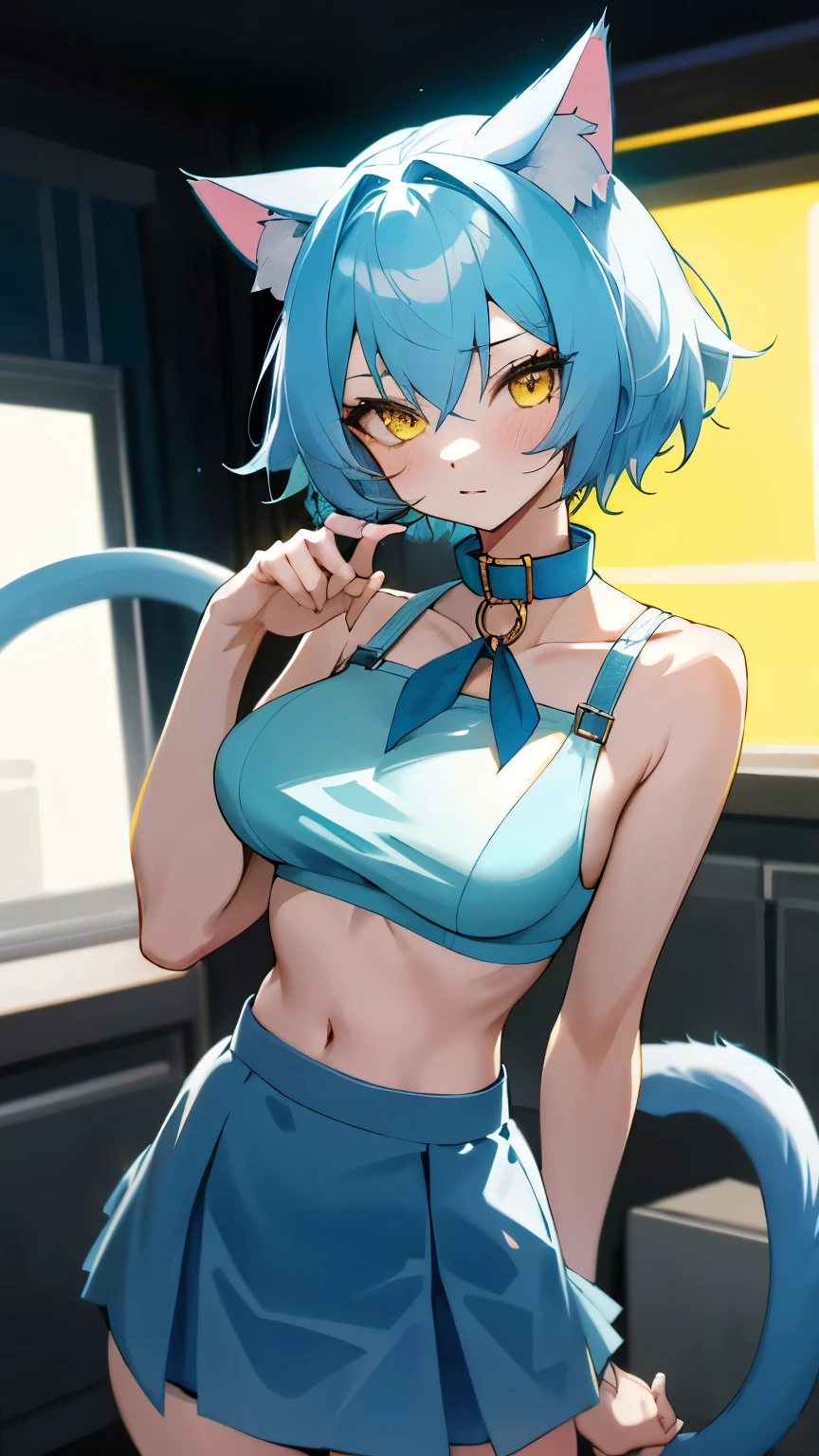 Girl, short light blue hair, yellow eyes, cat ears, cat tail, cat collar, big breasts, slim waist, tempting, short skirt, cat eyes, cat clothes, exposed stomach, blue bra, blue skirt, 🩵