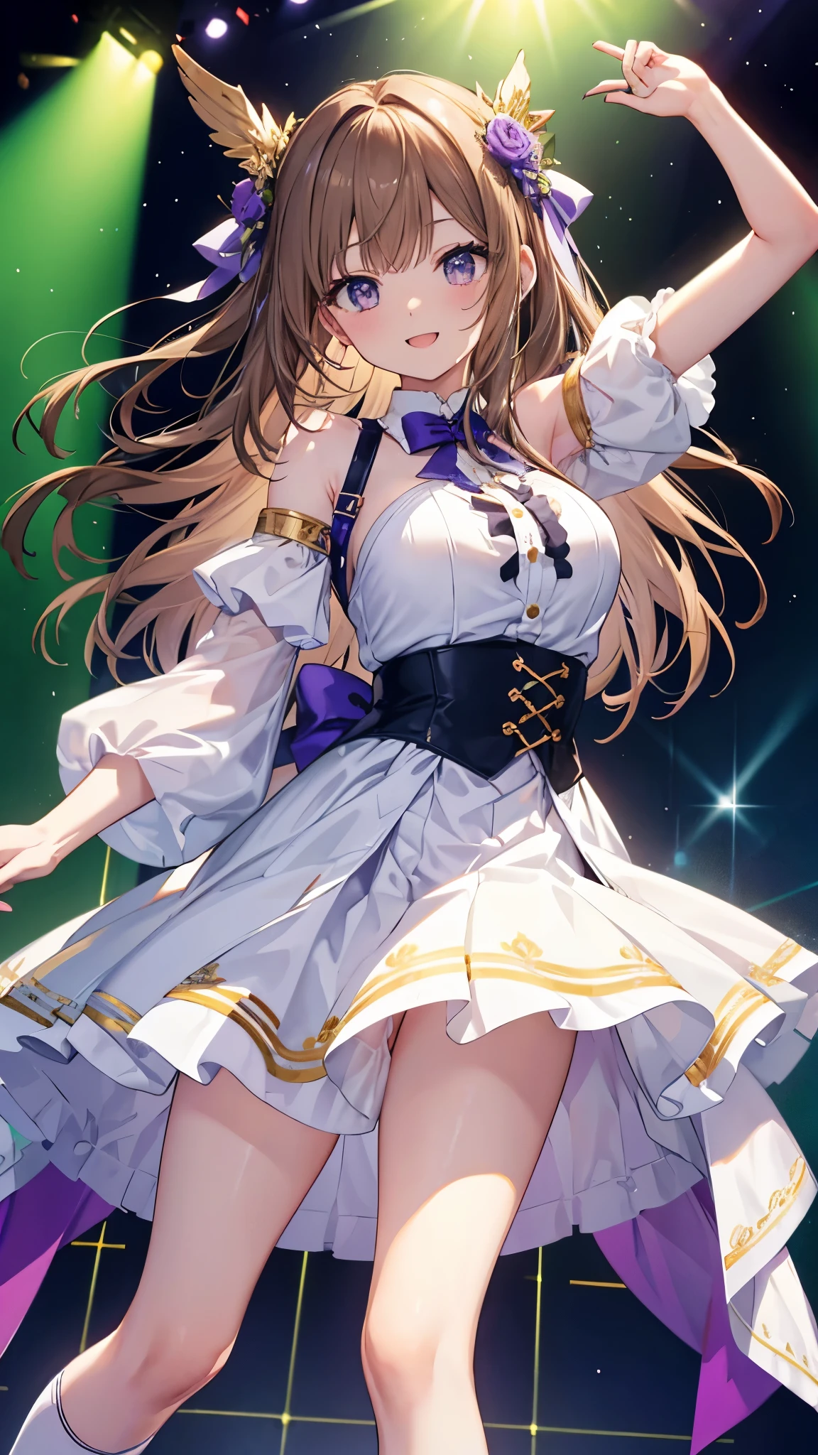 highest quality、all limbs、full finger、Slender beauty、straight hair、brown hair、yours、green, white and purple idol costume、white panties、high socks、beautiful big breasts、live stage、sing、dancing、big smile