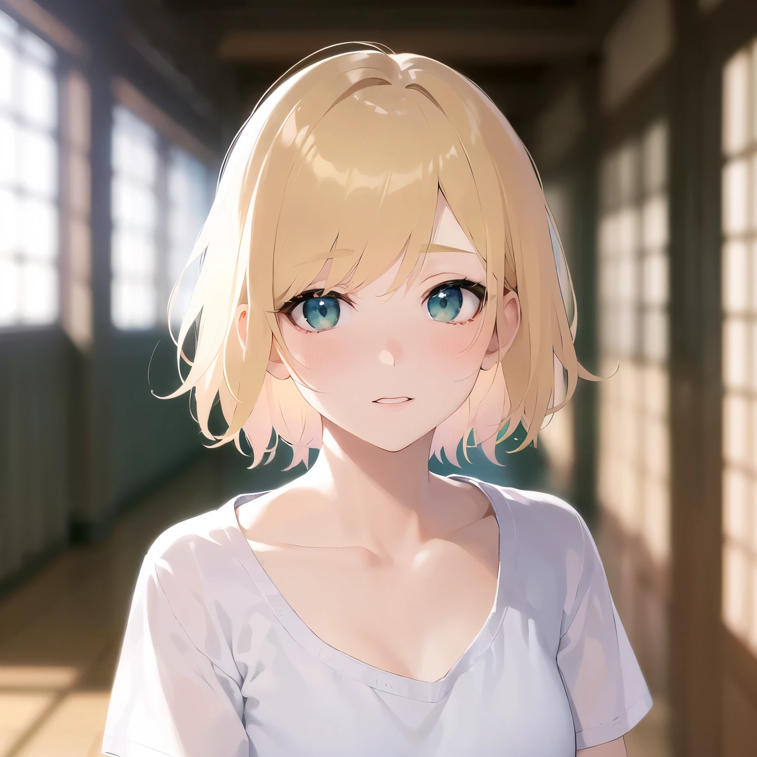 cute, Upper Body, Realistic, real person, (pale skin: 1.2), RAW photo, photorealistic, portrait photography, shiny skin, japanese idol、shiny hair、japanese, (25 year old man with blonde bangs) and (green eyes) and (very short hair:1.5), (white:1.3) and (Plain T-shirt), (blush:1.5), Background is a school hallway、Alone