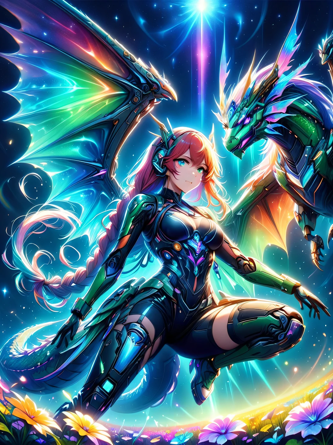 Gradient colorful glass，(Mecha fairy resting in rainbow-colored flower meadow:1.6)，whole body，Exquisite and beautiful（Super fine、masterpiece、best quality：1.4）Female Mecha Fairy，dynamic angle（Thinnest、masterpiece、best quality）、Best detailed face（most detailed，masterpiece，best quality：1.5），ultra-feminine（most detailed，masterpiece，best quality），Dragon Wings，Red hair，long hair，braid，Dynamic eye color，（Wearing a mecha：1.4），Rest in（Rainbow colored flower meadow：1.6），Full Color，（perfect spectrum：1.3），（Vibrant work：1.4）vibrant red，orange color，，green，blue，indigo，purple daylight，Sun rise，high detail，fantasy art, RPG 艺术best quality, 16k, [Super detailed], masterpiece, best quality, whole body, ultra wide angle lens, Realism, Mecha girl, anatomically correct, textured skin, high detail, 8k
