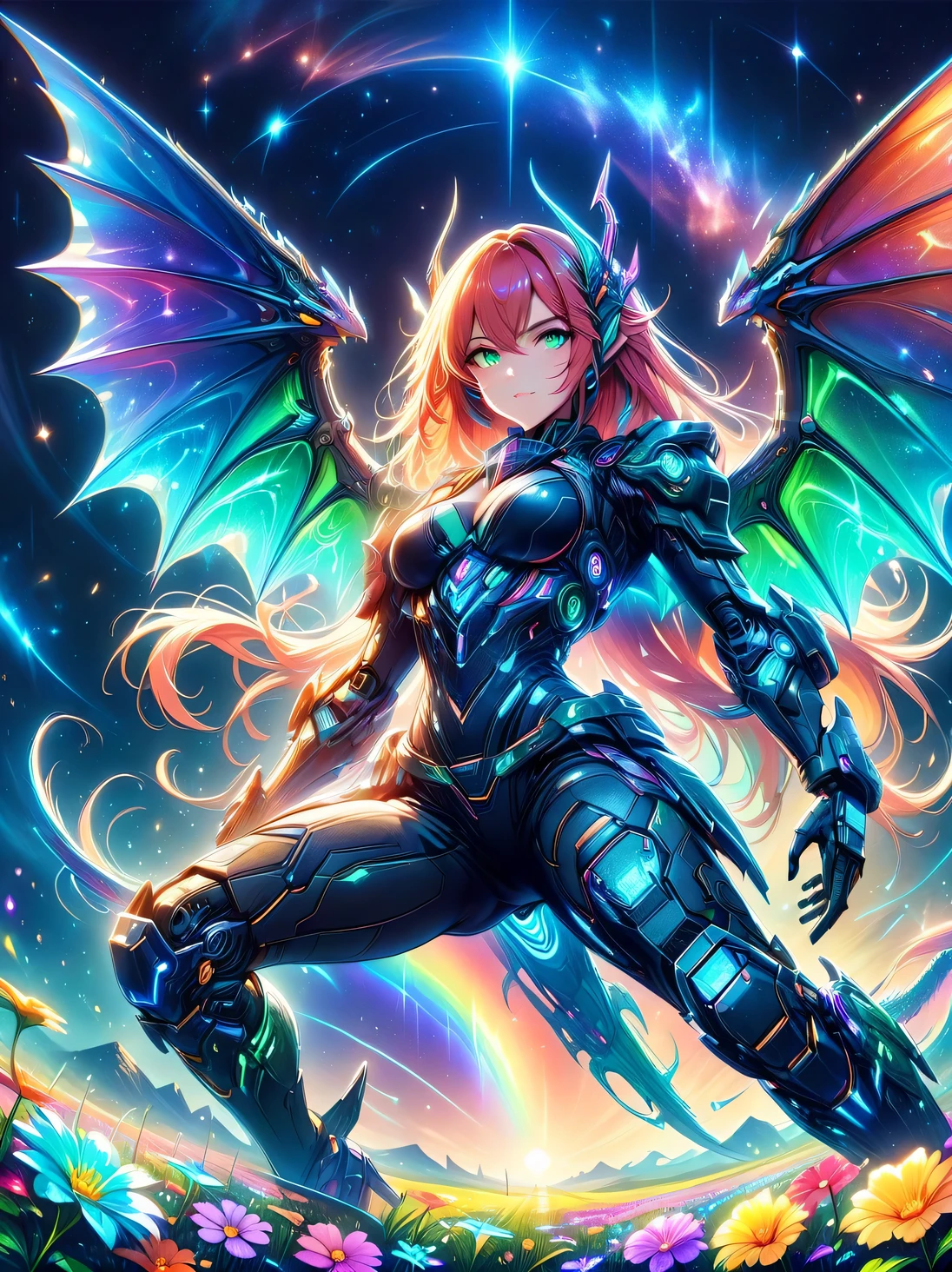 Gradient colorful glass，(Mecha fairy resting in rainbow-colored flower meadow:1.6)，whole body，Exquisite and beautiful（Super fine、masterpiece、best quality：1.4）Female Mecha Fairy，dynamic angle（Thinnest、masterpiece、best quality）、Best detailed face（most detailed，masterpiece，best quality：1.5），ultra-feminine（most detailed，masterpiece，best quality），Dragon Wings，Red hair，long hair，braid，Dynamic eye color，（Wearing a mecha：1.4），Rest in（Rainbow colored flower meadow：1.6），Full Color，（perfect spectrum：1.3），（Vibrant work：1.4）vibrant red，orange color，，green，blue，indigo，purple daylight，Sun rise，high detail，fantasy art, RPG 艺术best quality, 16k, [Super detailed], masterpiece, best quality, whole body, ultra wide angle lens, Realism, Mecha girl, anatomically correct, textured skin, high detail, 8k

