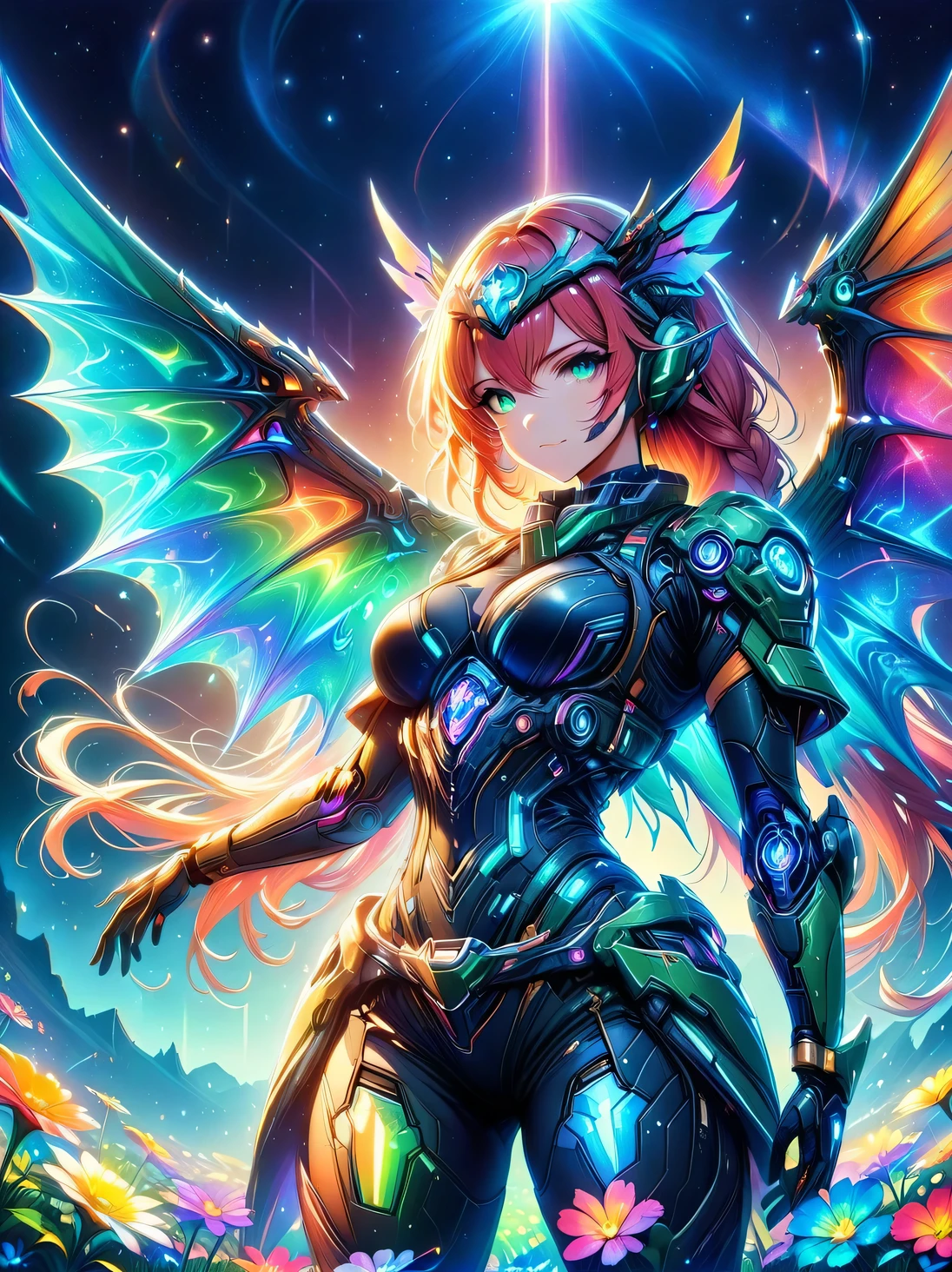 Gradient colorful glass，(Mecha fairy resting in rainbow-colored flower meadow:1.6)，whole body，Exquisite and beautiful（Super fine、masterpiece、best quality：1.4）Female Mecha Fairy，dynamic angle（Thinnest、masterpiece、best quality）、Best detailed face（most detailed，masterpiece，best quality：1.5），ultra-feminine（most detailed，masterpiece，best quality），Dragon Wings，Red hair，long hair，braid，Dynamic eye color，（Wearing a mecha：1.4），Rest in（Rainbow colored flower meadow：1.6），Full Color，（perfect spectrum：1.3），（Vibrant work：1.4）vibrant red，orange color，，green，blue，indigo，purple daylight，Sun rise，high detail，fantasy art, RPG 艺术best quality, 16k, [Super detailed], masterpiece, best quality, whole body, ultra wide angle lens, Realism, Mecha girl, anatomically correct, textured skin, high detail, 8k
