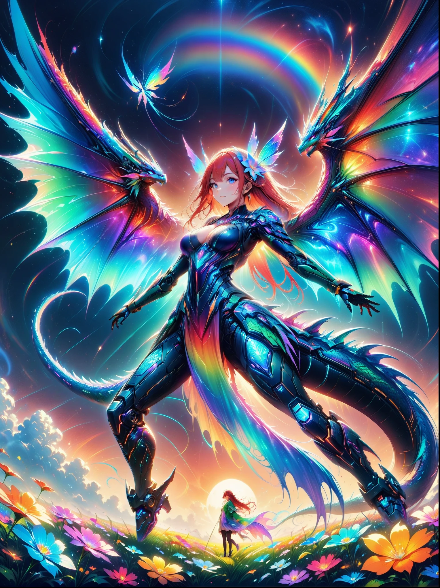 Gradient colorful glass，(Mecha fairy resting in rainbow-colored flower meadow:1.6)，whole body，Exquisite and beautiful（Super fine、masterpiece、best quality：1.4）Female Mecha Fairy，dynamic angle（Thinnest、masterpiece、best quality）、Best detailed face（most detailed，masterpiece，best quality：1.5），ultra-feminine（most detailed，masterpiece，best quality），Dragon Wings，Red hair，long hair，braid，Dynamic eye color，（Wearing a mecha：1.4），Rest in（Rainbow colored flower meadow：1.6），Full Color，（perfect spectrum：1.3），（Vibrant work：1.4）vibrant red，orange color，，green，blue，indigo，purple daylight，Sun rise，high detail，fantasy art, RPG 艺术best quality, 16k, [Super detailed], masterpiece, best quality, whole body, ultra wide angle lens, Realism, Mecha girl, anatomically correct, textured skin, high detail, 8k
