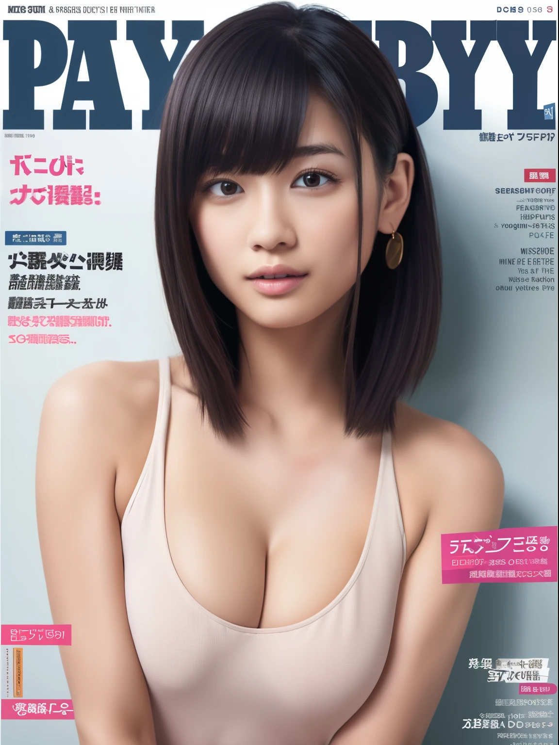 Playboy Magazine，1 girl，so beautiful，delicate features，fashionable clothes，The content on the cover is real，magazine english alphabet，perfect figure，Idol magazine cover，masterpiece，high quality，looking at the audience，magazine close，ultra high resolution、large breasts、japanese girl