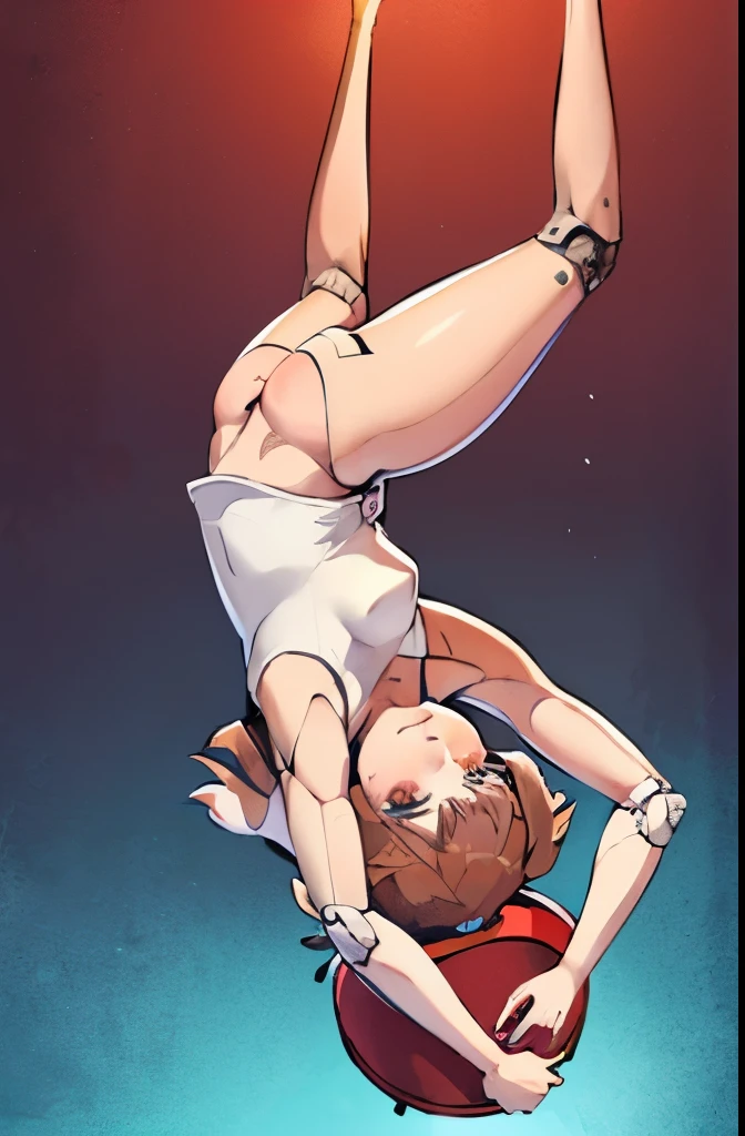 A Female robot is sleeping in forest, spread legs, nude, banzai pose. she wears no dress. She Brown short hair is tied with two big red clothespins, She lifts up the under hem of her white plain dress, leaning over, masterpiece, very short pigtails,brown hair, mature, android, blue eyes, full body figure, Height: 160cm, flushed cheeks, 2020s anime picture, A beautiful robot with short brown hair in two short pigtails held up by two very large huge red clothespins, Uplifting, No NSFW, whole body, barefoot, archaic smile, getting orgasm, 25 years old, sweat bucket. She can move while doing a handstand.