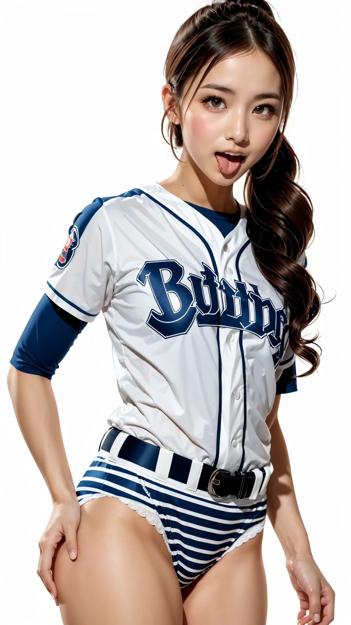 anna_girl, anna_toungueout, ((out tongue)), ((tongue out)), japanese_girl, 18 year old girl, (((baseball uniform:1.1), ((panties with fine stripes)), from below)), realistic photo, Highly detailed face and skin texture, natural neck length, (Dark brown hair, wavy hair, high ponytail hair:1.2), standard body, ((small breasts)), symmetric clear eyes, cute eyes, BREAK, 
((simple white background:1.4)), full-body shot