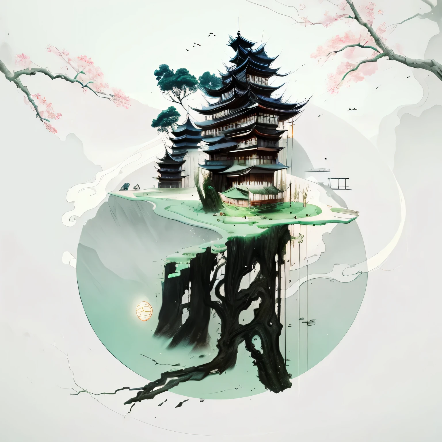 (Depth of field effect) (Ancient Chinese architectures on an isolated island), (tower, architecture) (pavilion,Miscellaneous trees, cloud, green trees, maple, mangrove, small stone, birdie), Chinese watercolor style, (Chinese painting风格), Chinese landscape,Chinese traditional watercolor painting,Chinese painting,Watercolor 8K, (reflection), clear boundaries between light and shadow, light and shadow, light and shadow effect, masterpiece,Super details, epic work, ultra high definition, high quality, Very detailed, official art, unified 8k wallpaper, Super details,chiaroscuro.