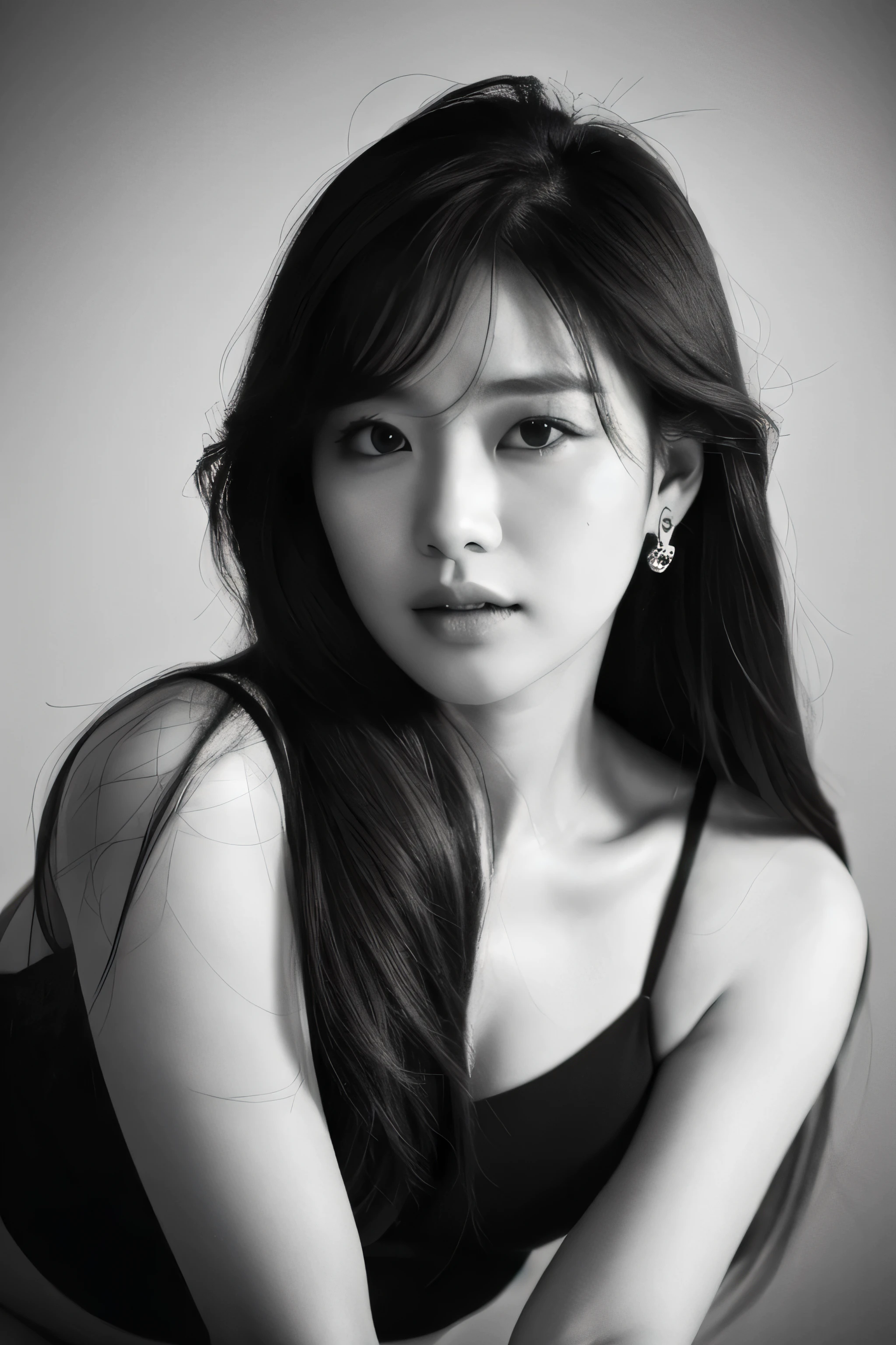 (best quality,4k,highres,masterpiece:1.2),ultra-detailed,realistic,beautiful Korean kpop idol woman,detailed eyes and lips,piercing gaze,vibrant emotions,perfectly styled hair,long eyelashes,film grain texture,Ilford HP5 black and white film aesthetic,80mm focal length for a natural perspective,sensual pose,showcasing her confidence and charm,figure-hugging outfit that accentuates her curves,professional studio lighting that highlights her captivating features,soft and subtle bokeh in the background,deep shadows that add drama and mystery,rich and contrastive grayscale tones,classic black and white portrait,a touch of lustfulness that adds a seductive allure,fine details that capture every nuance of her beauty.
