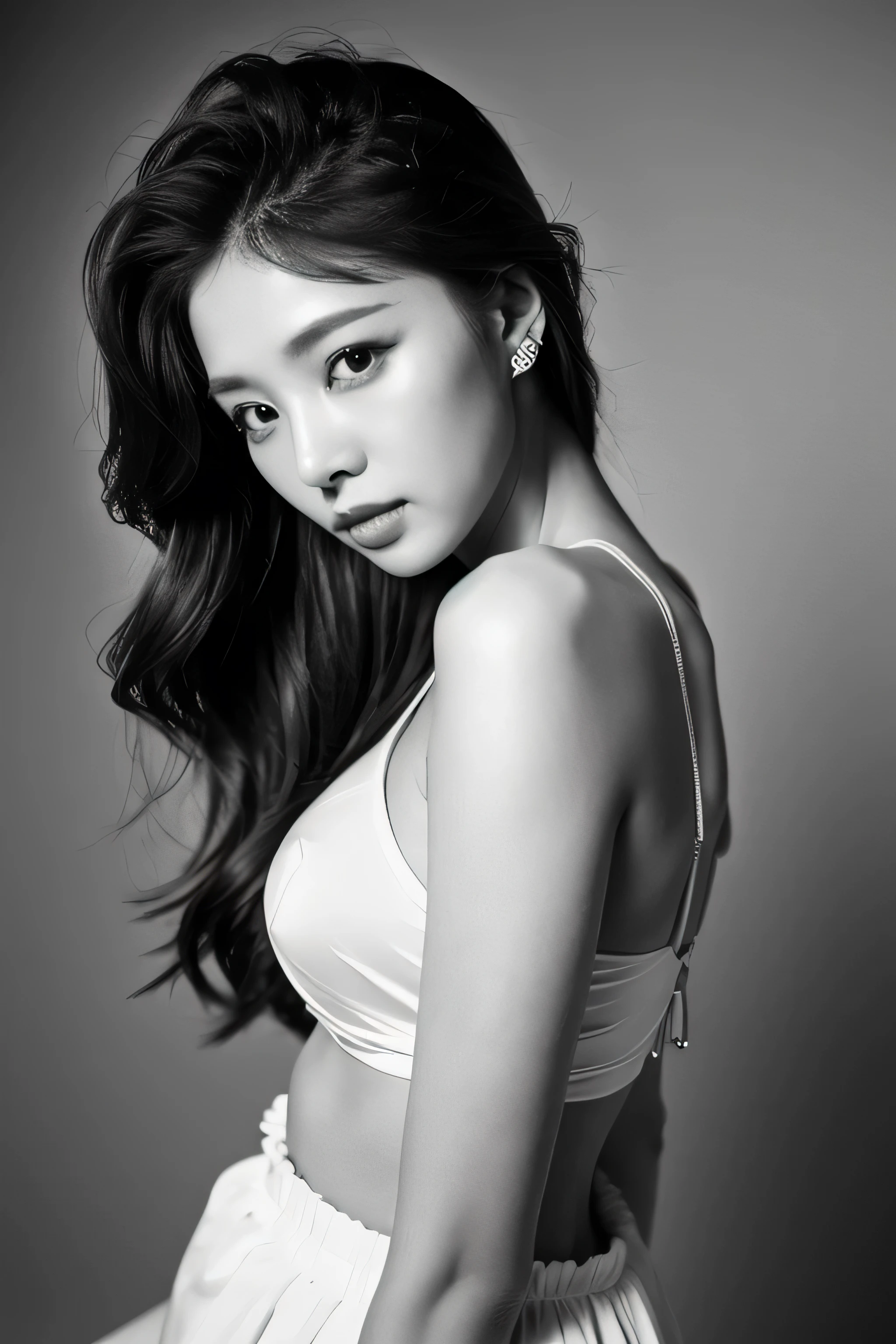 (best quality,4k,highres,masterpiece:1.2),ultra-detailed,realistic,beautiful Korean kpop idol woman,detailed eyes and lips,piercing gaze,vibrant emotions,perfectly styled hair,long eyelashes,film grain texture,Ilford HP5 black and white film aesthetic,80mm focal length for a natural perspective,sensual pose,showcasing her confidence and charm,figure-hugging outfit that accentuates her curves,professional studio lighting that highlights her captivating features,soft and subtle bokeh in the background,deep shadows that add drama and mystery,rich and contrastive grayscale tones,classic black and white portrait,a touch of lustfulness that adds a seductive allure,fine details that capture every nuance of her beauty.
