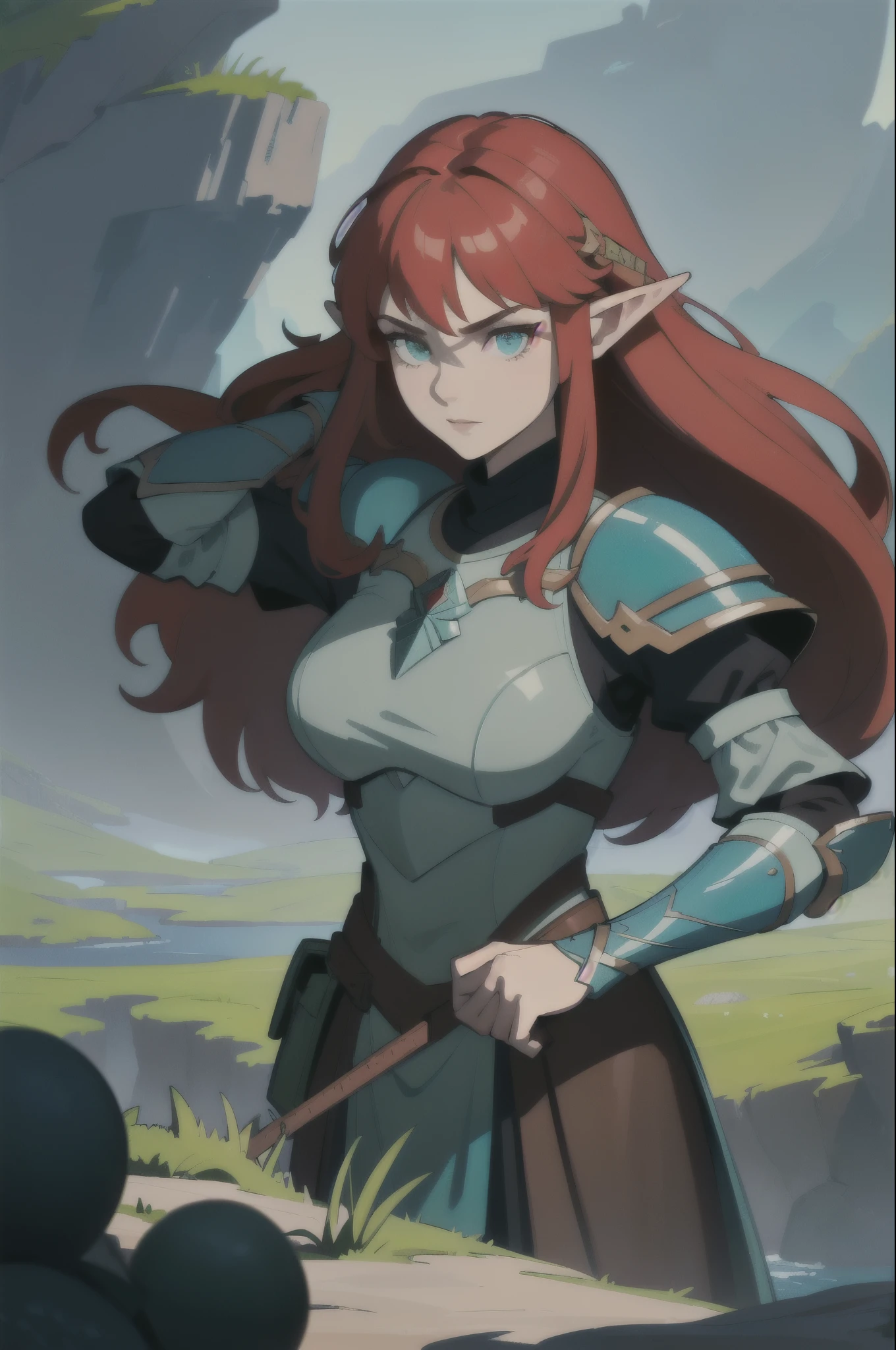 (masterpiece, best_quality, Ultra detailed, irreproachable: 1.3), epic, illustration, elf mountain desert warrior lord, armor, dark hair, ((Red hair)), very long hair, in the deep ocean, in a lush spring forest, bomb hair, bright gray hair with sea green highlights, Bob Flapper, lock of hair,((железная серебрянная armor сверкает))