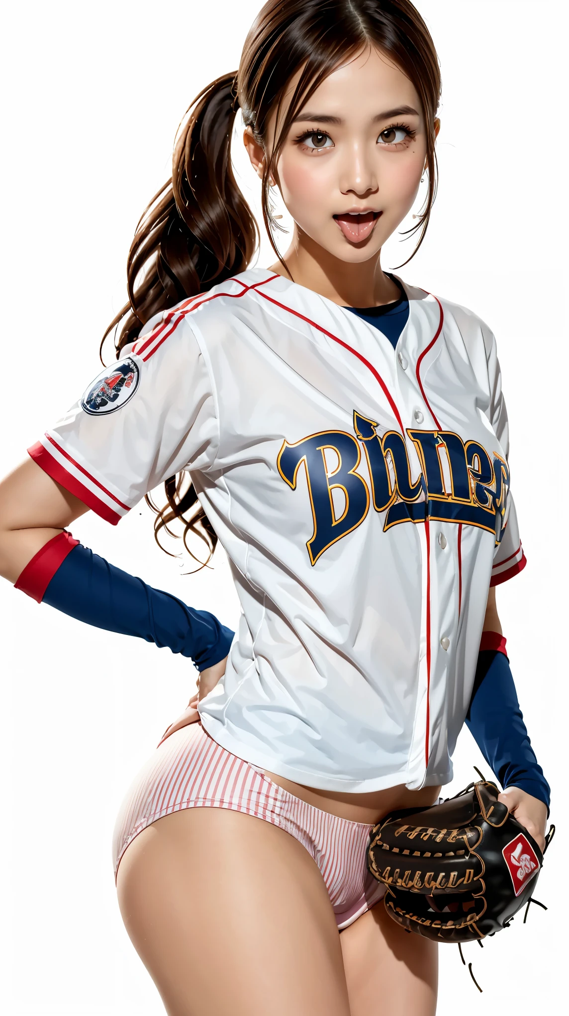 anna_girl, anna_toungueout, ((out tongue)), ((tongue out)), japanese_girl, 18 year old girl, (((baseball uniform:1.1), ((panties with fine stripes)), from below)), realistic photo, Highly detailed face and skin texture, natural neck length, (Dark brown hair, wavy hair, high ponytail hair:1.2), standard body, ((small breasts)), symmetric clear eyes, cute eyes, BREAK, 
((simple white background:1.4)), full-body shot