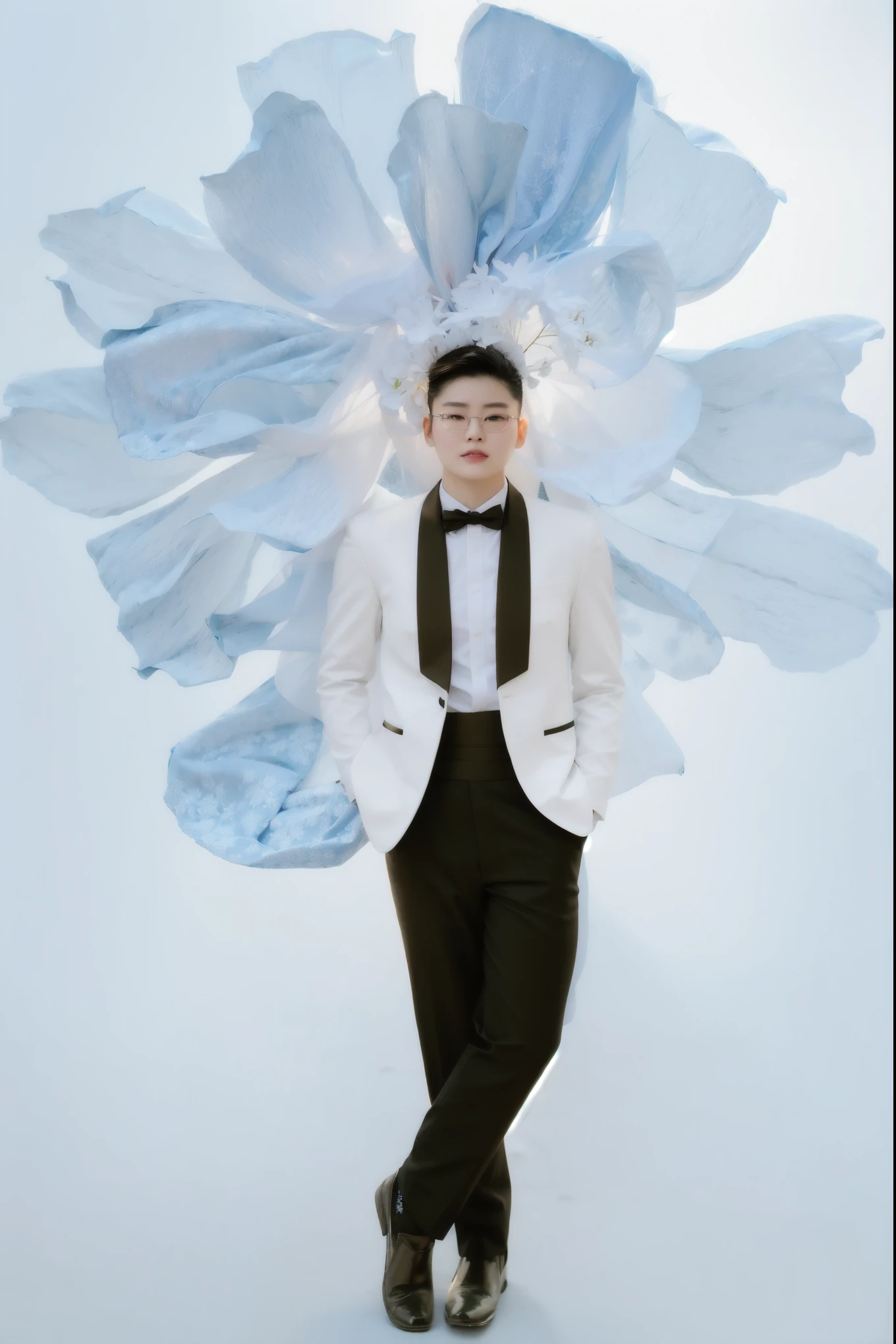 Best quality, masterpiece, ultra high res, (photorealistic:1.4), raw photo.
arafed woman in a white dress with a large blue flower, wearing organza gown, inspired by Zhang Yin, inspired by Sim Sa-jeong, a still of an ethereal, inspired by Huang Ji, inspired by Xie Sun, with frozen flowers around her, inspired by Jeong Seon, inspired by Tang Yifen, queen of the sea mu yanling, flowing gown