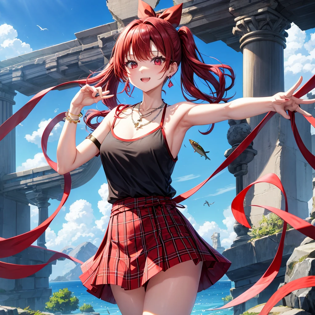 Red-blue hair、red eyes、one good looking girl、solo、anime、plaid mini skirt、black camisole、black t-shirt、kimono、wearing a ribbon、ribbon at waist、stones are piled up、crystal earrings、jewelry necklace、Light and shadow、tilting one&#39;s face、teeth are visible、、Wearing geta、lots of crystals、Lock、in the clouds、pillar、Angel、The fish is bouncing