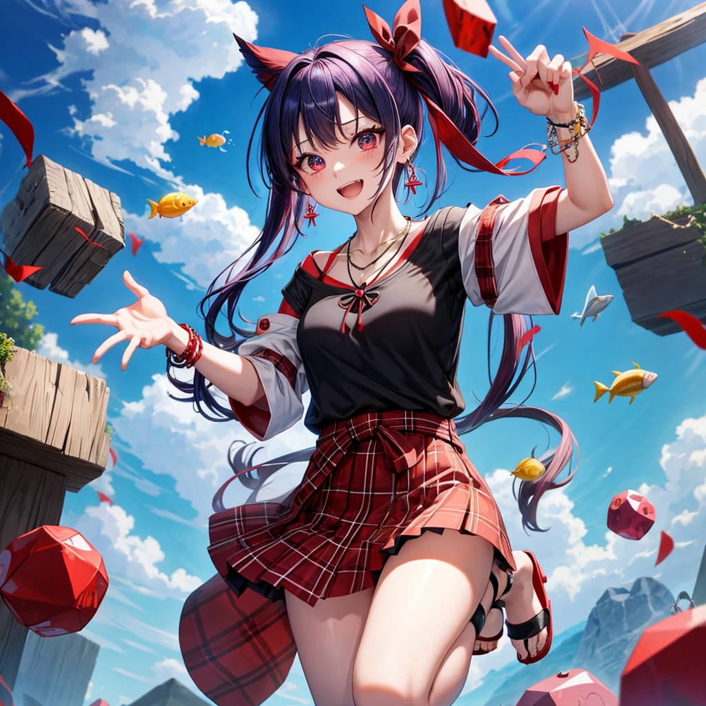 Red-blue hair、red eyes、one good looking girl、solo、anime、plaid mini skirt、black camisole、black t-shirt、kimono、wearing a ribbon、ribbon at waist、stones are piled up、crystal earrings、jewelry necklace、Light and shadow、tilting one&#39;s face、teeth are visible、、Wearing geta、lots of crystals、Lock、in the clouds、pillar、Angel、The fish is bouncing
