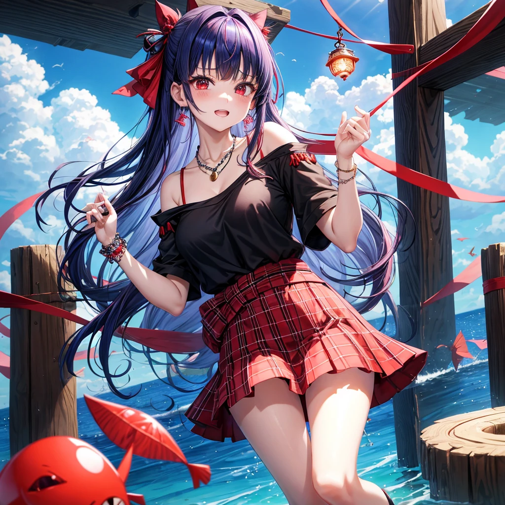 Red-blue hair、red eyes、one good looking girl、solo、anime、plaid mini skirt、black camisole、black t-shirt、kimono、wearing a ribbon、ribbon at waist、stones are piled up、crystal earrings、jewelry necklace、Light and shadow、tilting one's face、teeth are visible、、Wearing geta、lots of crystals、Lock、in the clouds、pillar、Angel、The fish is bouncing