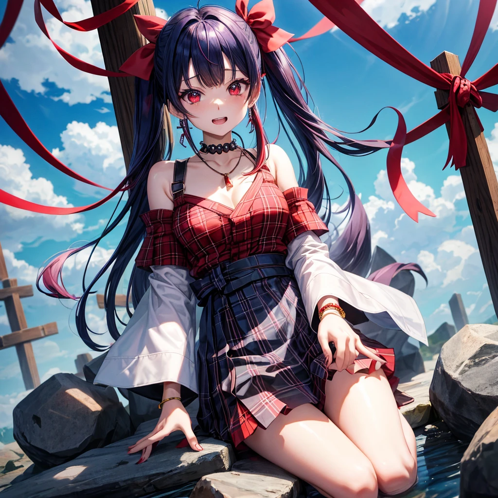 Red-blue hair、red eyes、one good looking girl、solo、anime、plaid mini skirt、black camisole、black t-shirt、kimono、wearing a ribbon、ribbon at waist、stones are piled up、crystal earrings、jewelry necklace、Light and shadow、tilting one's face、teeth are visible、、Wearing geta、lots of crystals、Lock、in the clouds、pillar、Angel